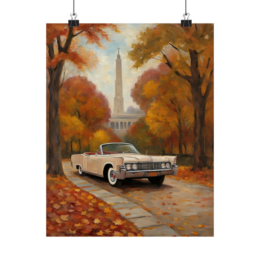 Autumn Car Poster featuring a classic convertible on a leaf covered road with vibrant fall colors