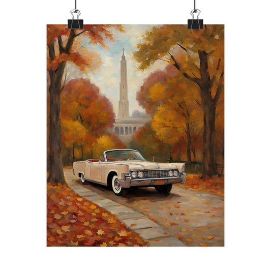 Autumn Car Poster featuring a classic convertible on a scenic tree lined street with fall colors