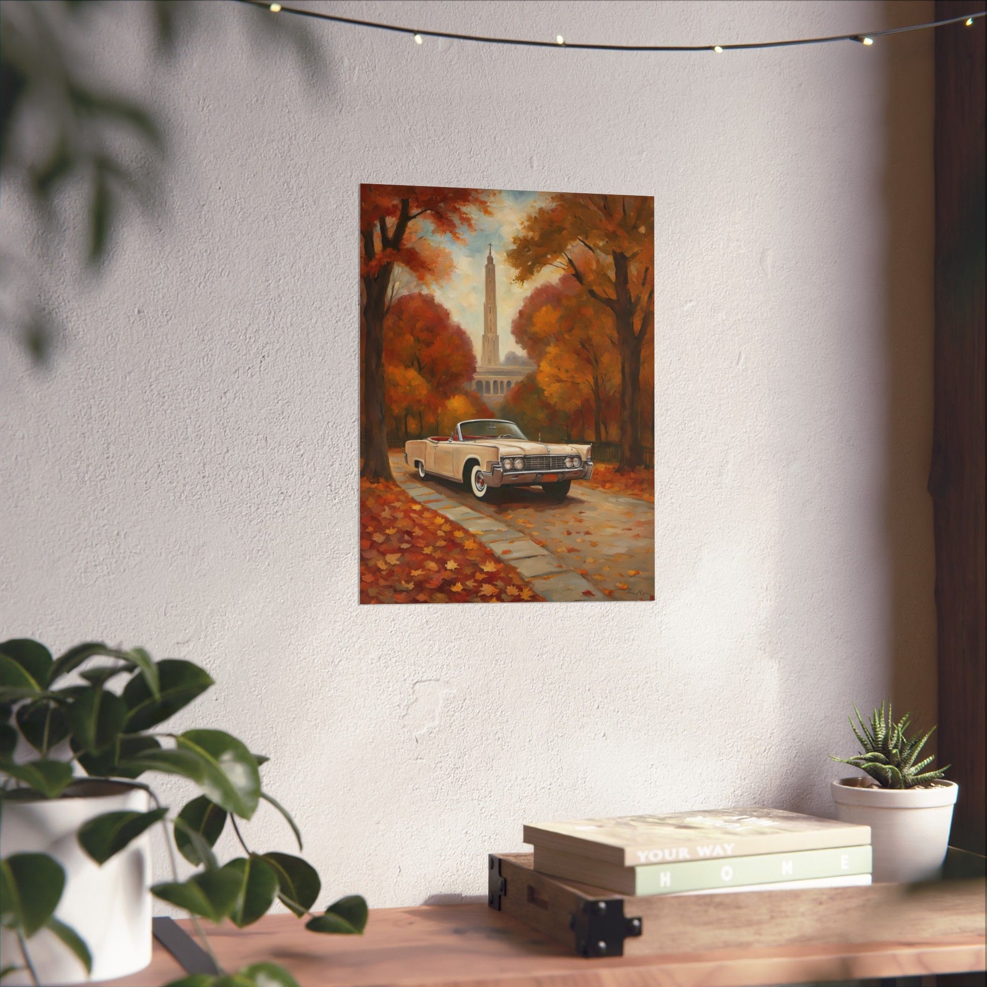 Autumn Car Poster featuring a classic car amidst vibrant fall foliage and a scenic pathway