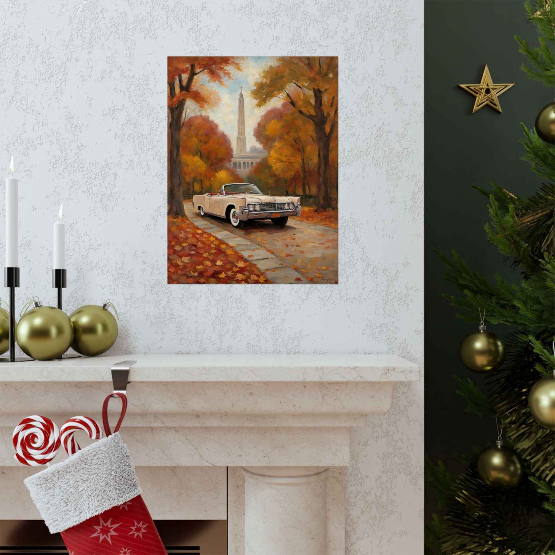 Autumn Car Poster featuring a classic car surrounded by fall foliage and trees