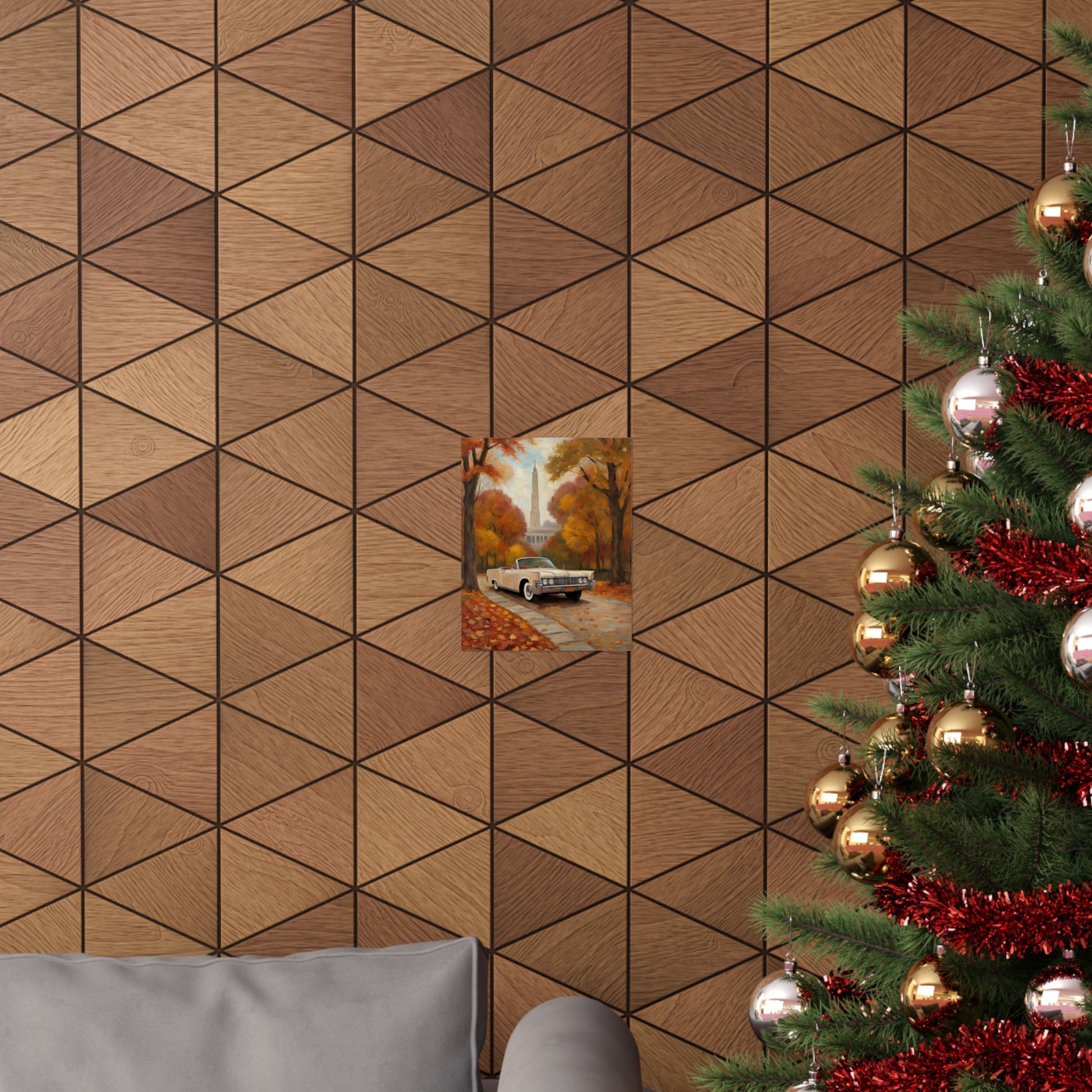 Stylish Autumn Car Poster displayed on a textured wall with Christmas tree in the foreground