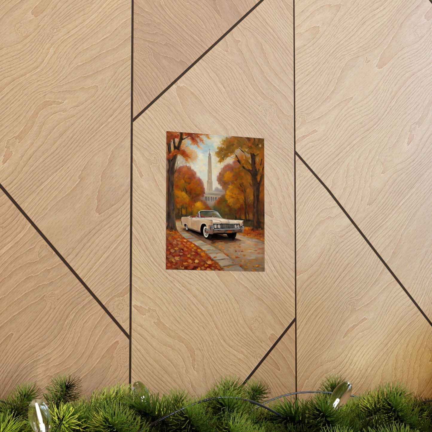 Autumn Car Poster featuring a vintage car on a tree lined path with fall foliage