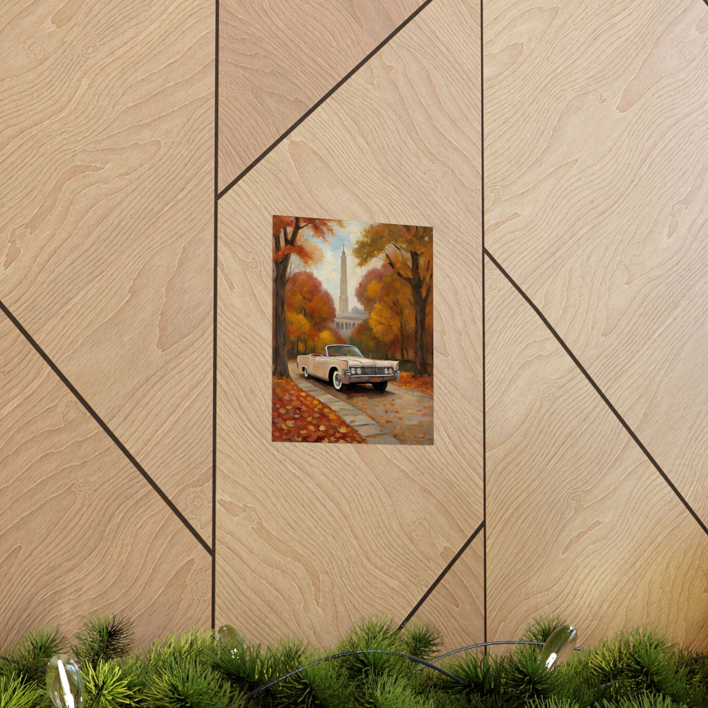 Autumn Car Poster featuring a vintage car on a tree lined path with fall foliage