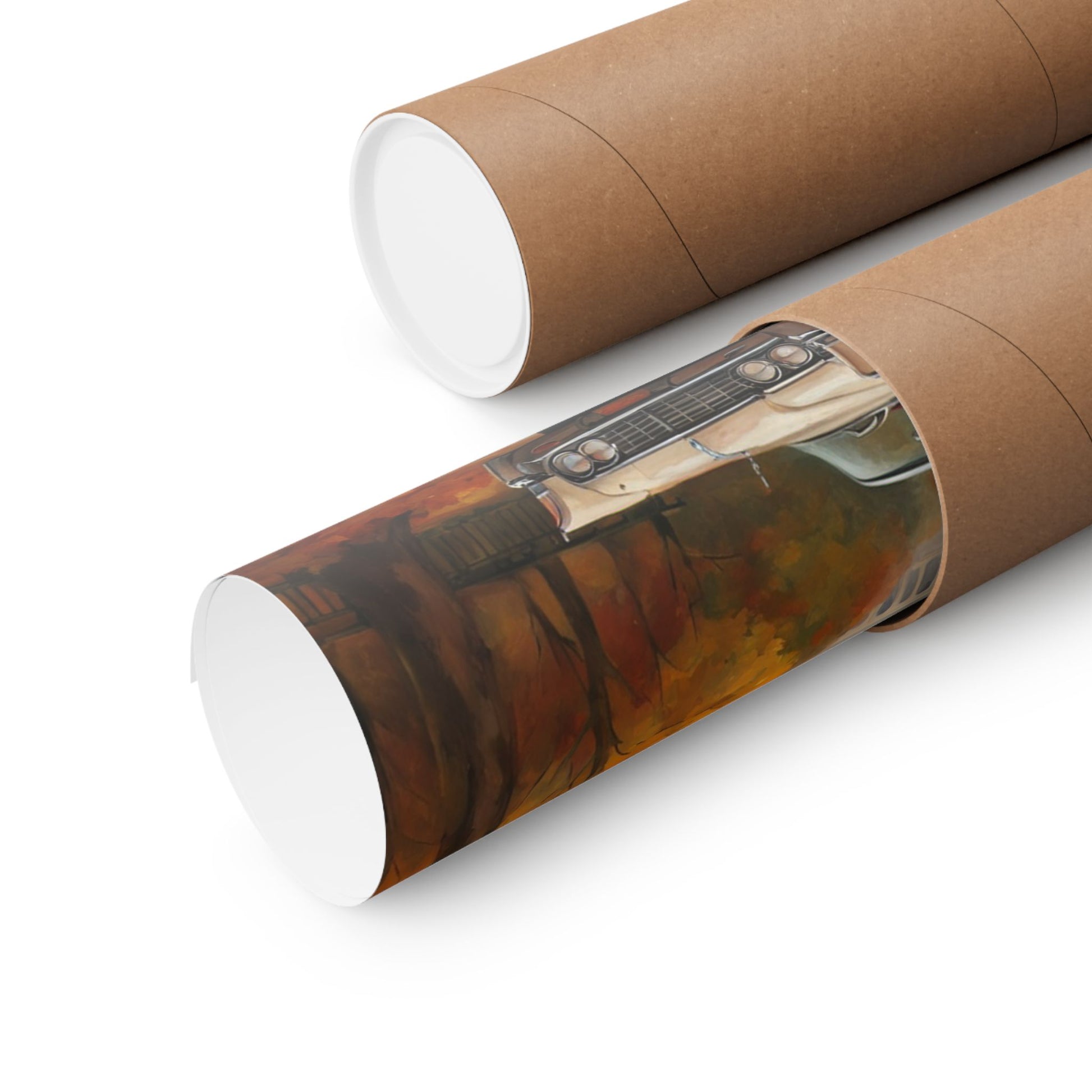 Stylish Autumn Car Poster rolled in a brown tube for easy shipping and storage