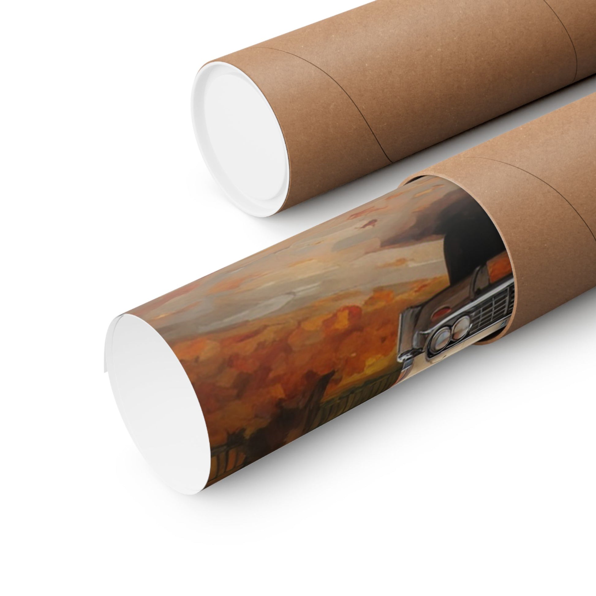 Autumn Car Poster showcasing a vintage car against a scenic fall landscape in warm colors