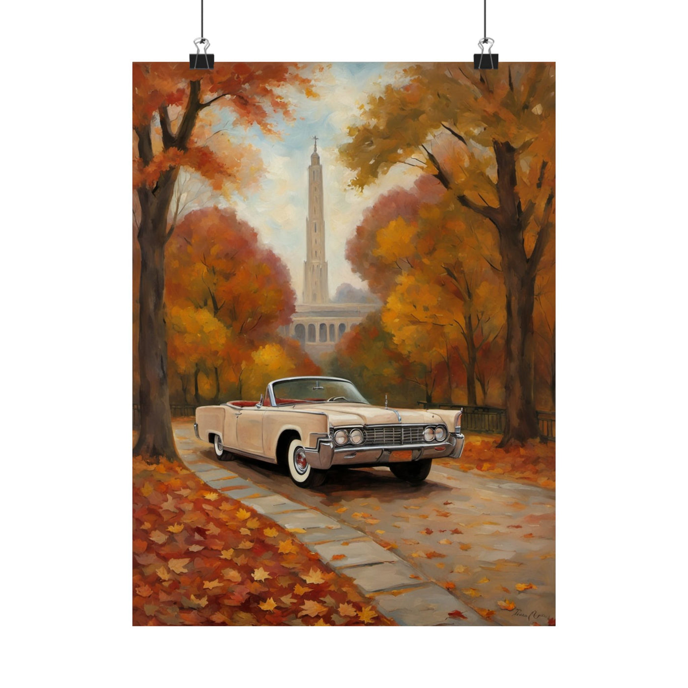 Autumn Car Poster featuring a classic convertible surrounded by colorful fall foliage