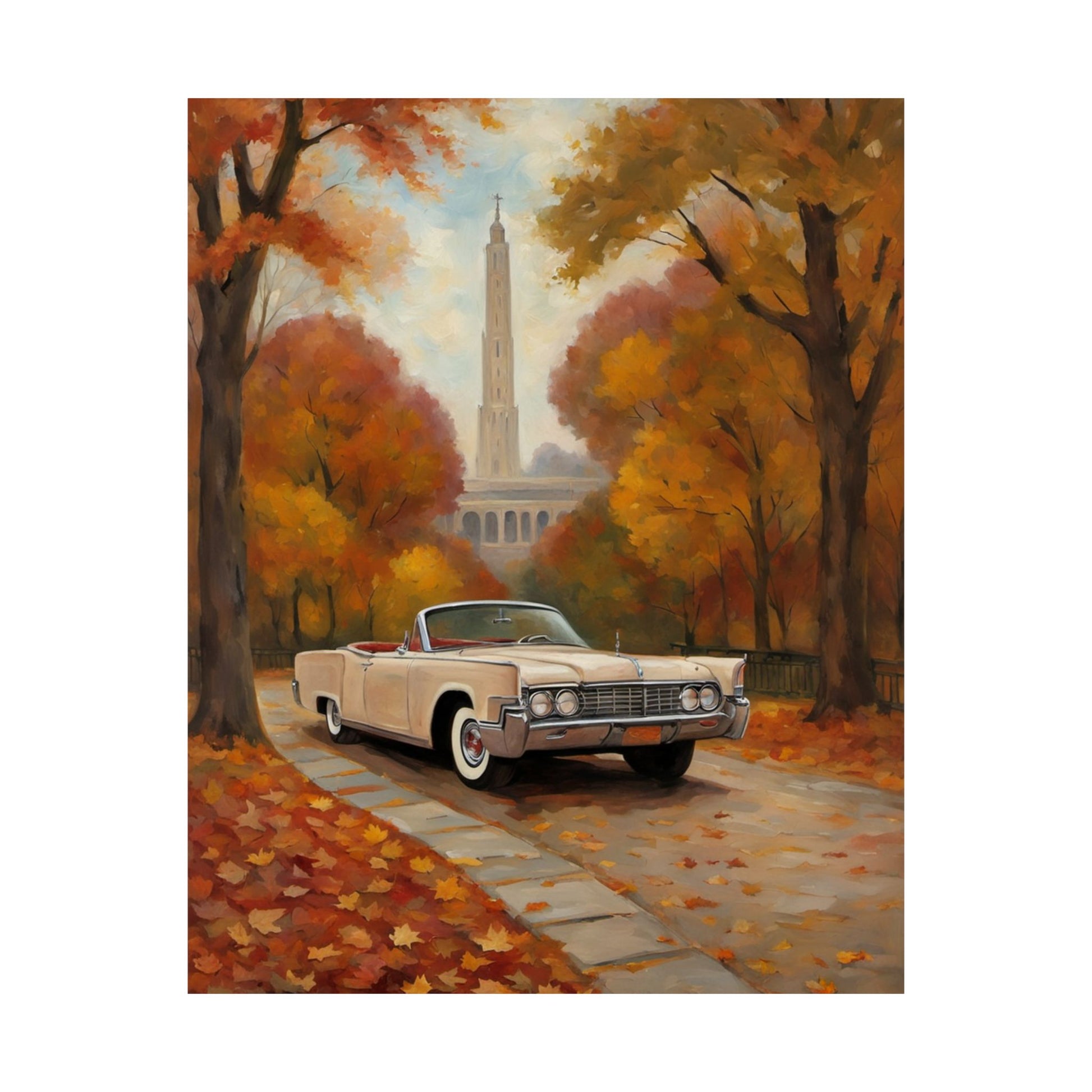 Autumn Car Poster featuring a vintage convertible on a tree lined street with fall foliage