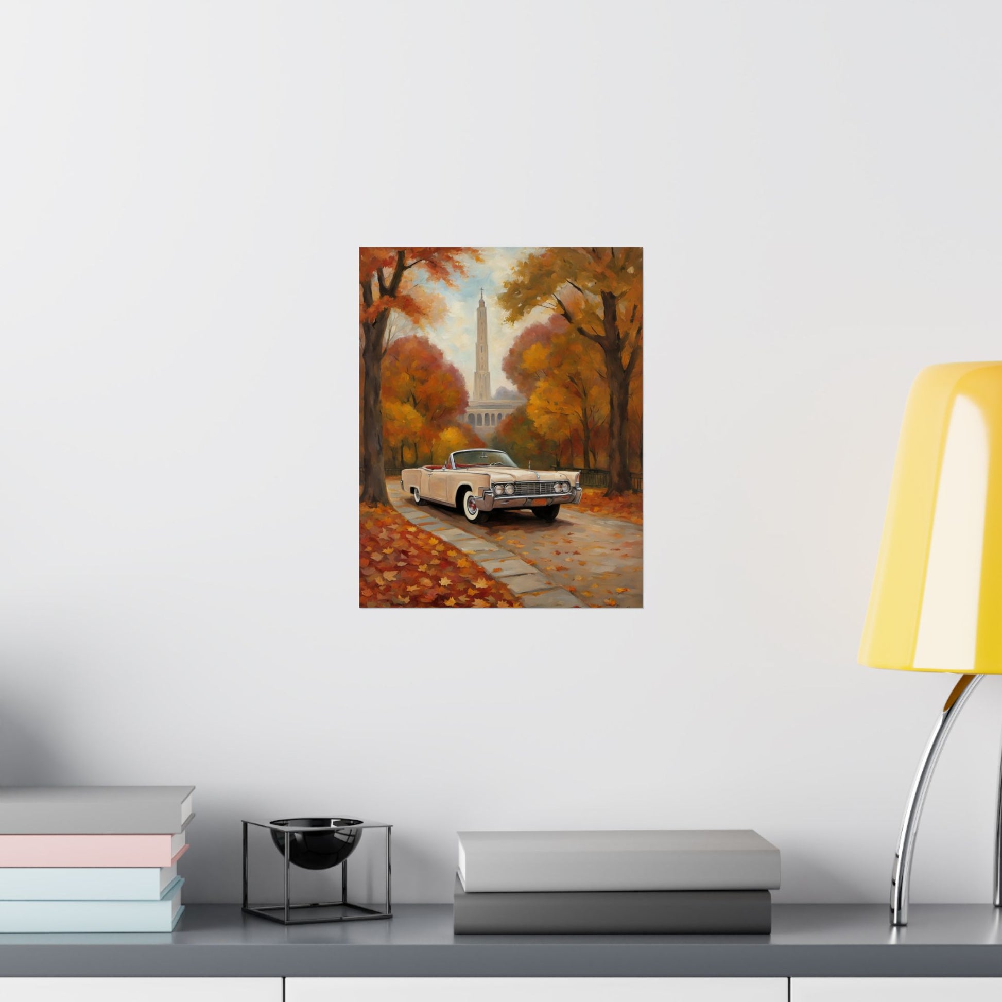 Autumn Car Poster featuring a vintage white car on a treelined street with colorful fall leaves