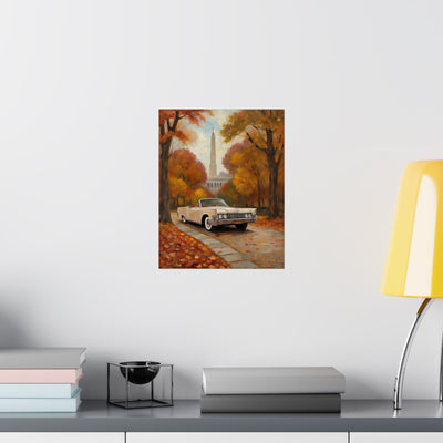 Autumn Car Poster featuring a vintage white car on a treelined street with colorful fall leaves