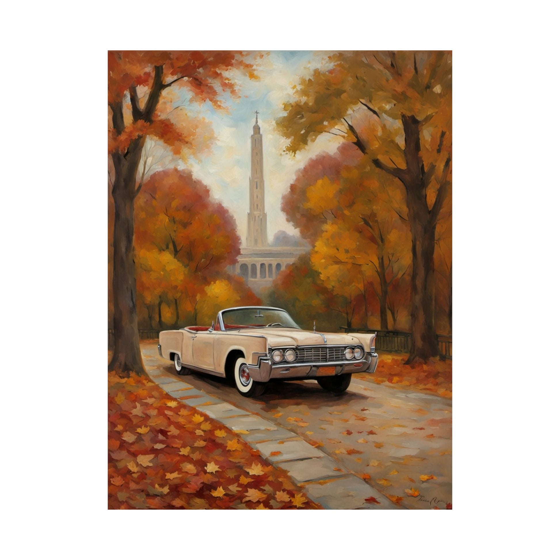 Autumn Car Poster featuring a classic convertible on a tree lined path with vibrant fall foliage