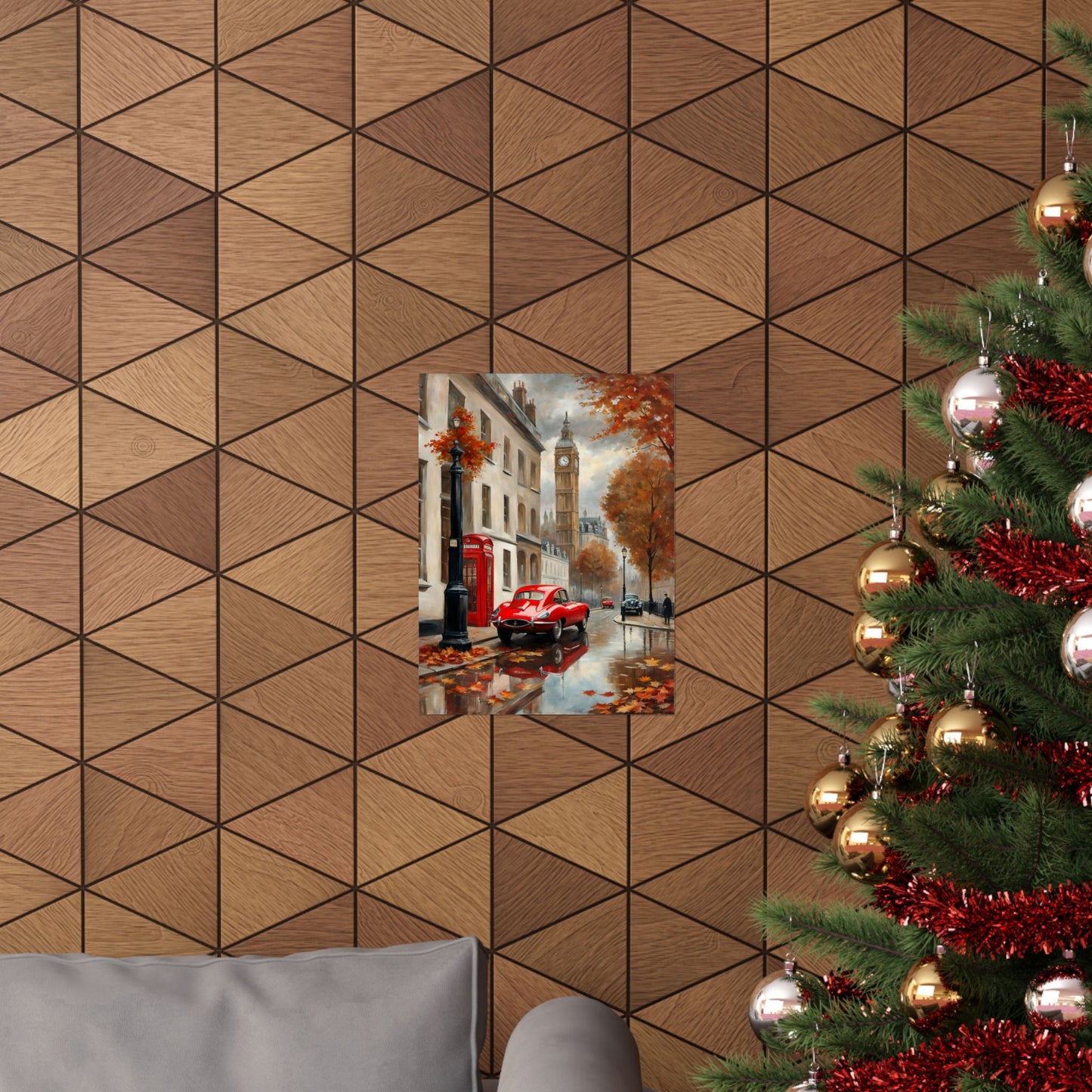 Autumn Cityscape Matte Vertical Posters displayed on a wall above a cozy sofa and Christmas tree