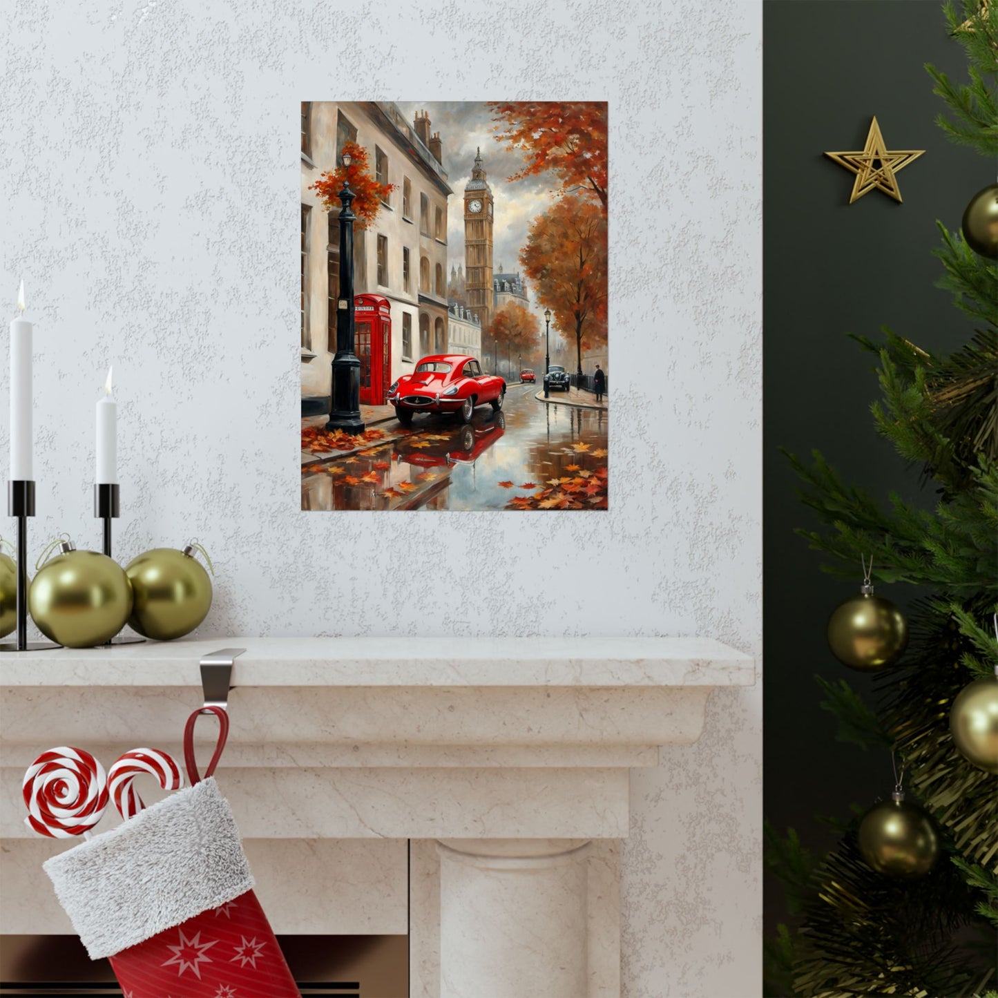 Autumn Cityscape Matte Vertical Posters featuring a vibrant scene with red car and falling leaves