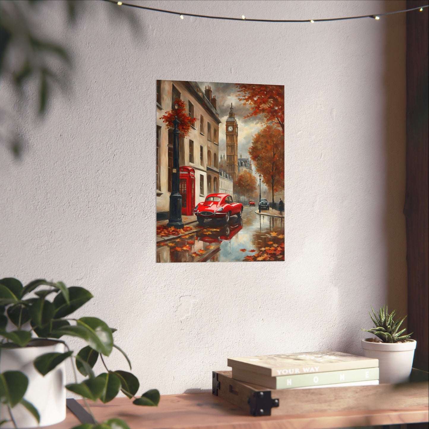 Autumn Cityscape Matte Vertical Posters featuring a red car and Big Ben in a rainy street scene