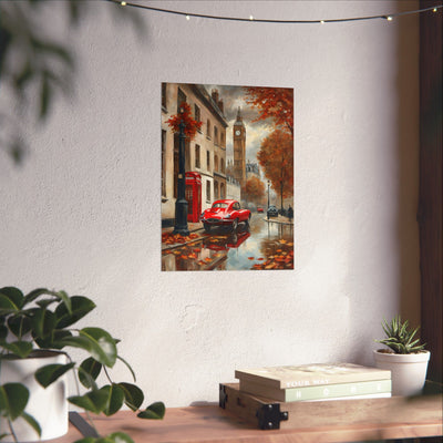 Autumn Cityscape Matte Vertical Posters featuring a red car and Big Ben in a rainy street scene