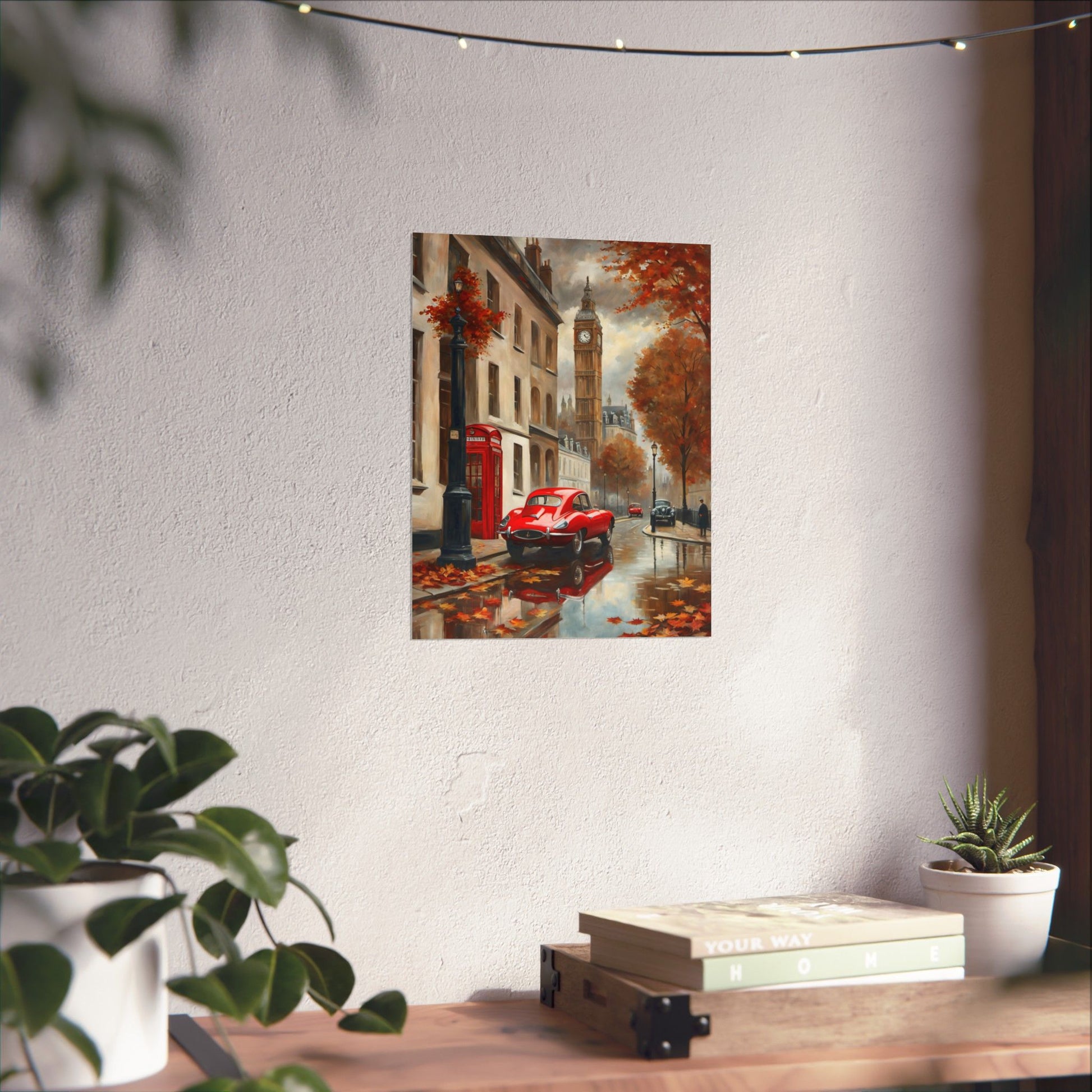 Autumn Cityscape Matte Vertical Posters featuring a red car and fall foliage in an urban setting