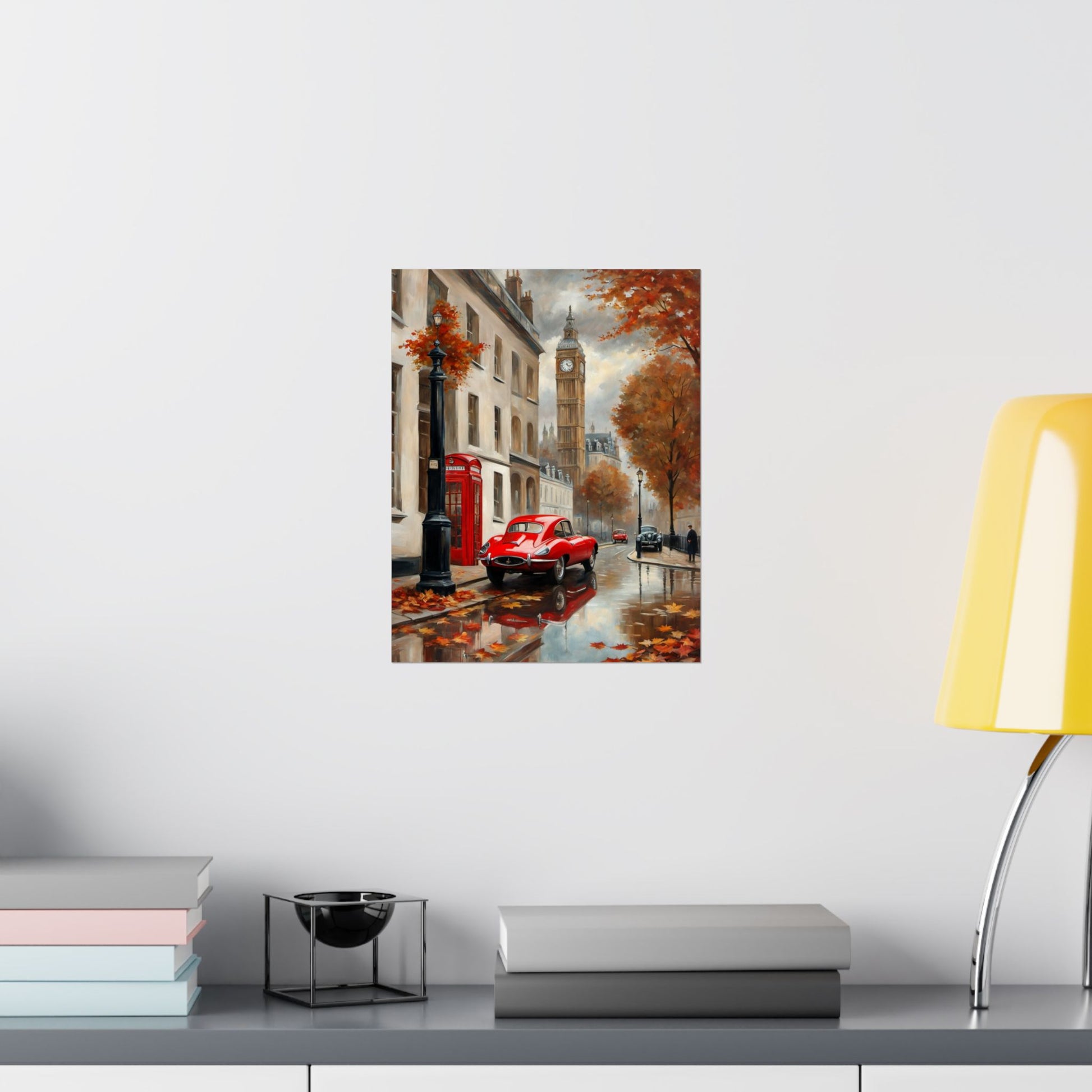 Autumn Cityscape Matte Vertical Posters featuring a red car near Big Ben amidst fallen leaves