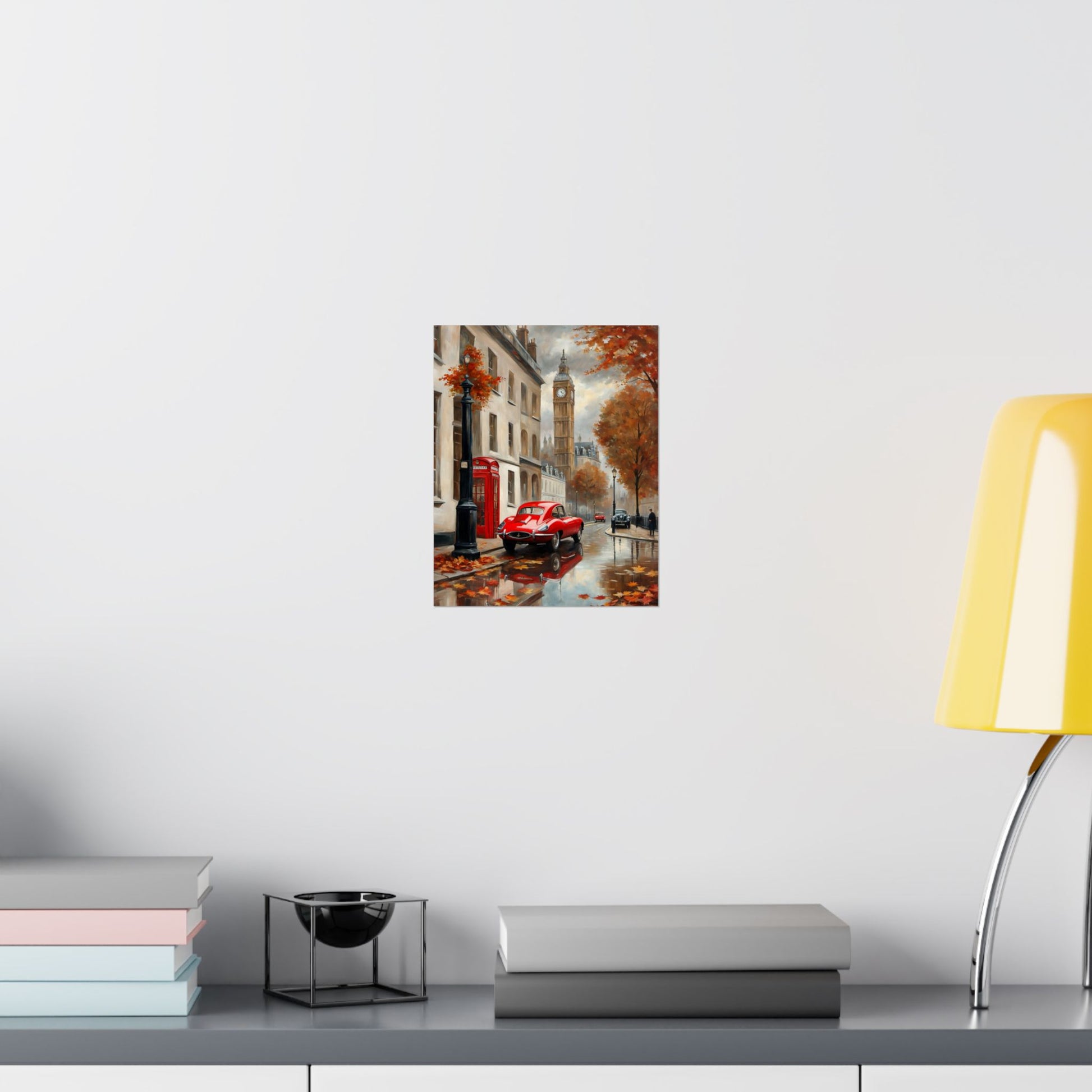 Autumn Cityscape Matte Vertical Posters featuring a red car on a rainy street with autumn leaves