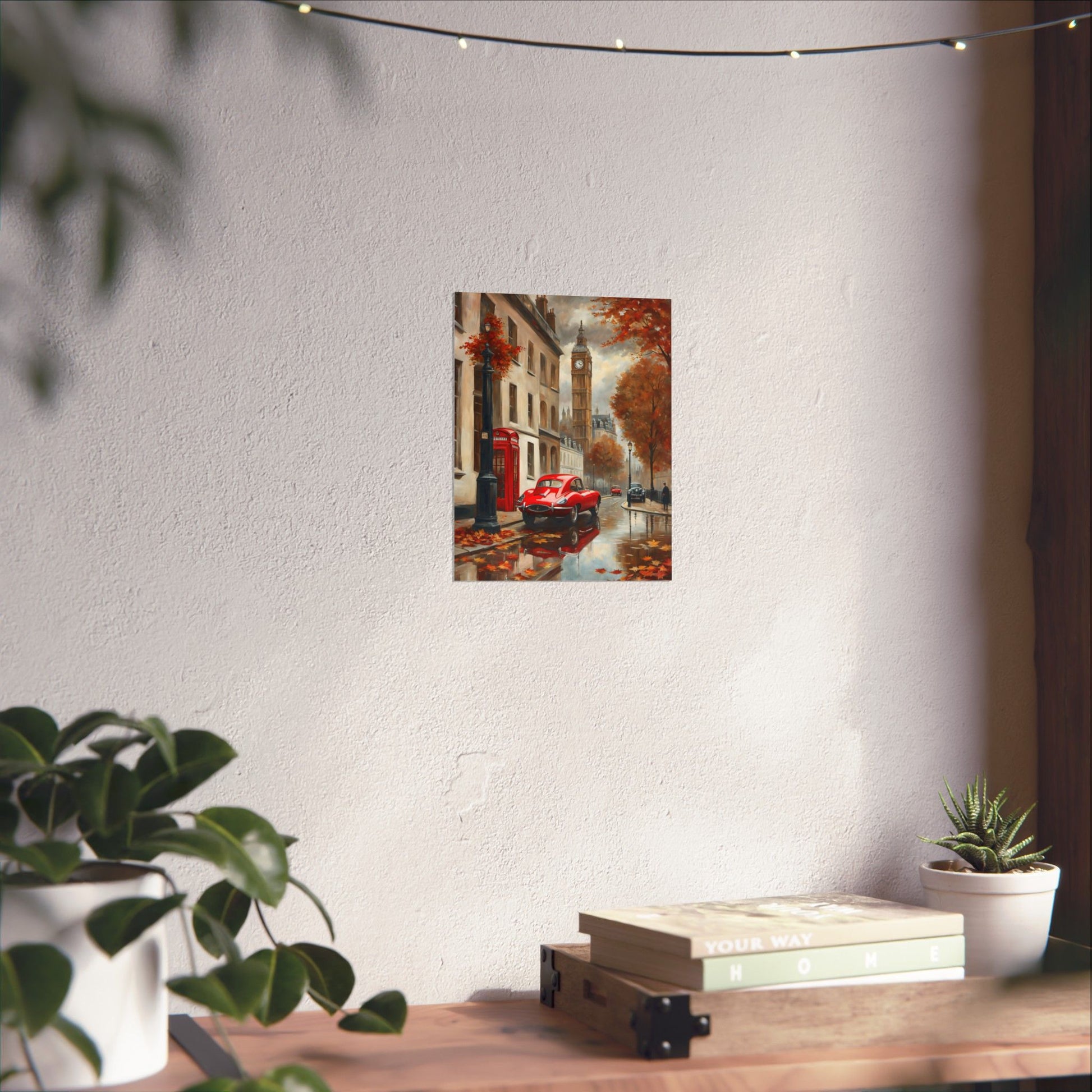 Autumn Cityscape Matte Vertical Posters featuring a red car on a rainy street with colorful fall foliage
