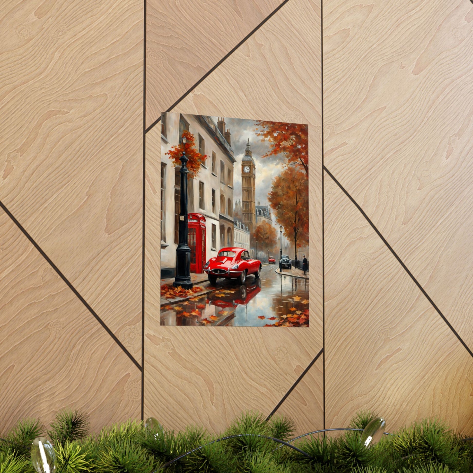 Autumn Cityscape Matte Vertical Posters featuring a red car and fall leaves in a city setting