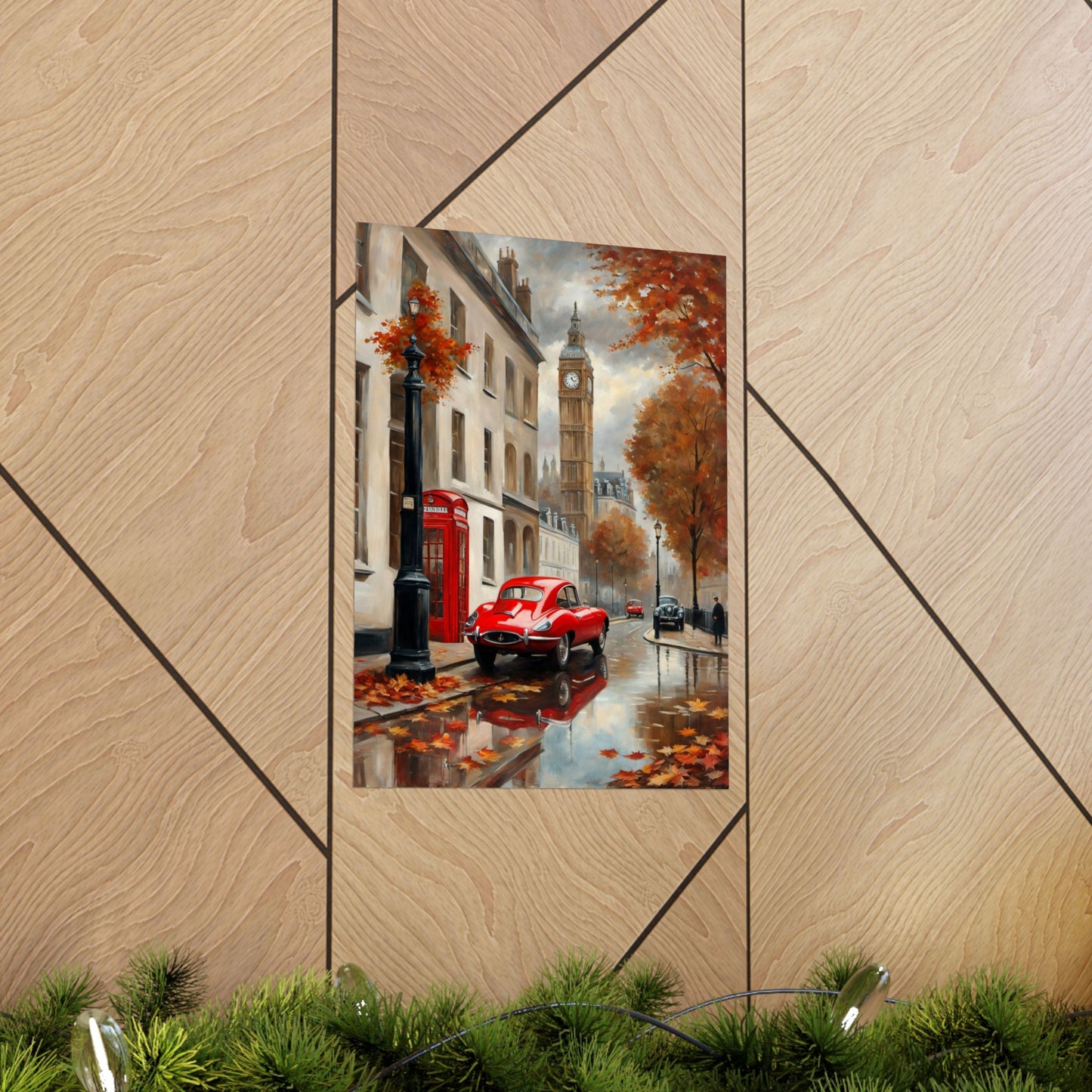 Autumn Cityscape Matte Vertical Posters featuring a red car and falling leaves by a street in London