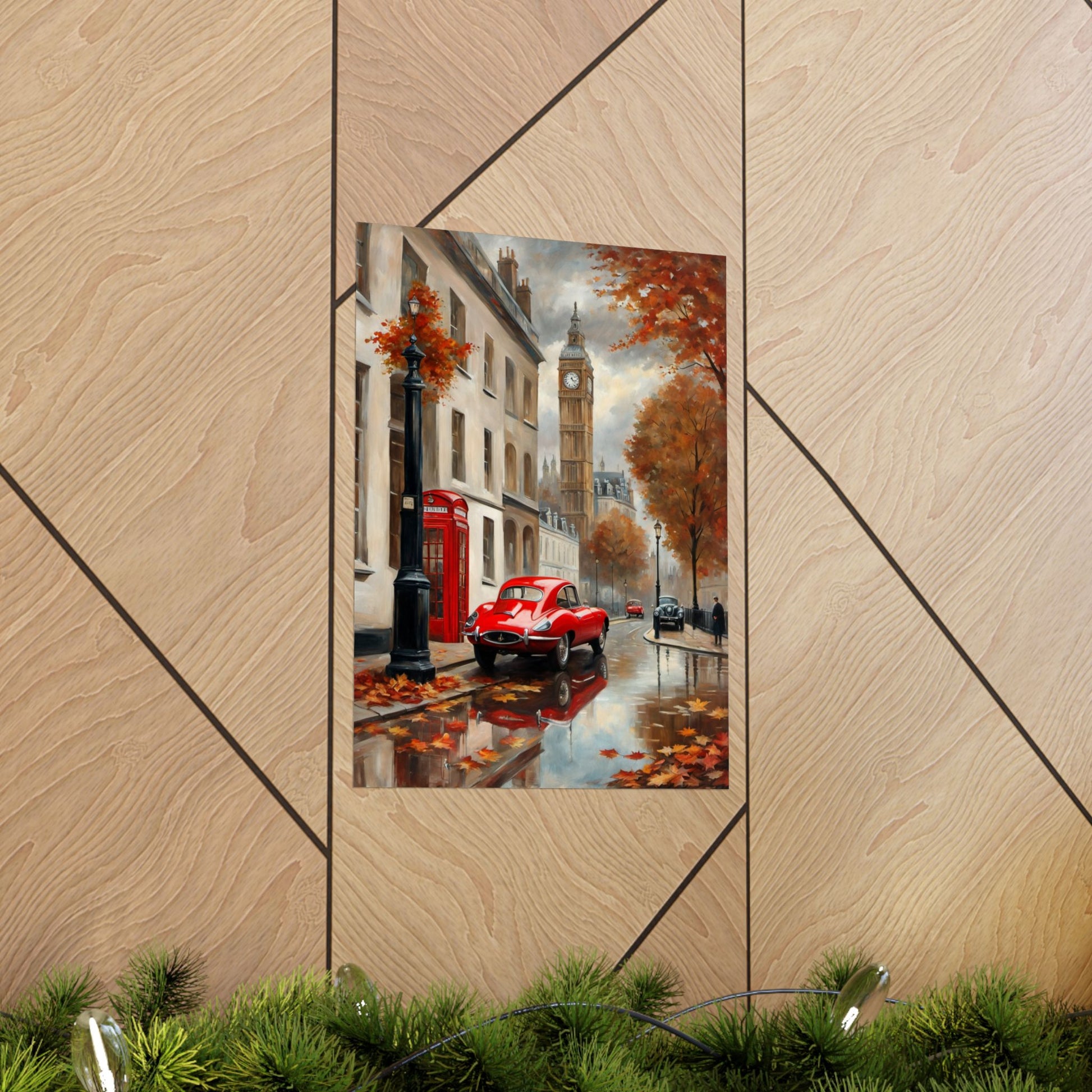 Autumn Cityscape Matte Vertical Posters featuring a red car and falling leaves by a street in London