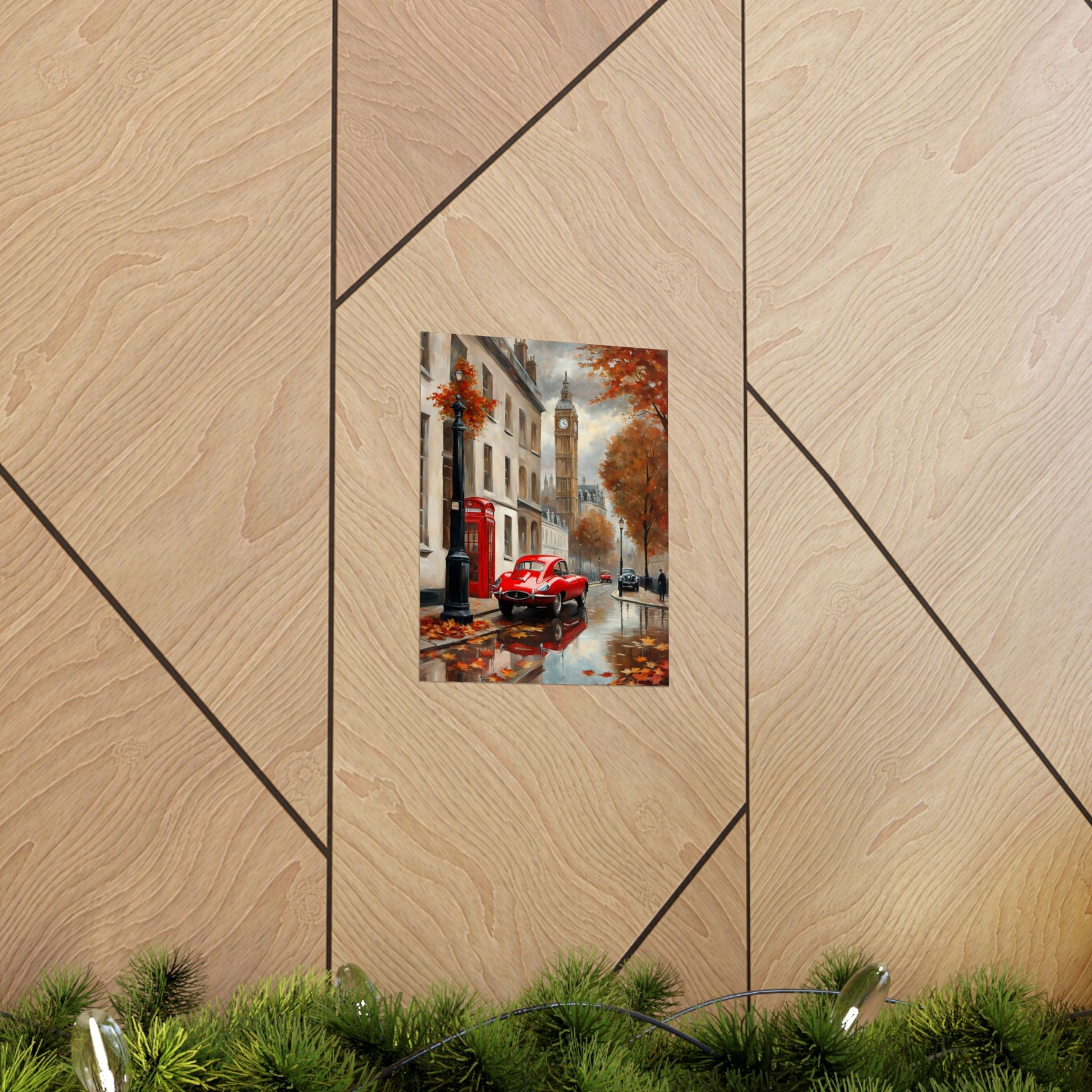 Autumn Cityscape Matte Vertical Posters featuring a red car and falling leaves in a city setting