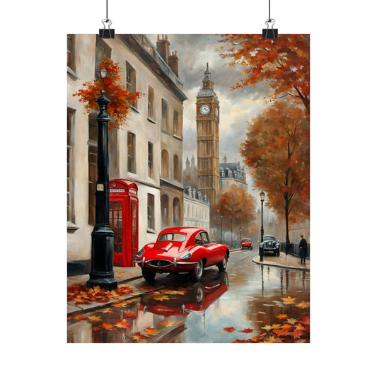 Autumn Cityscape Matte Vertical Posters featuring a red car by a rainy London street with falling leaves
