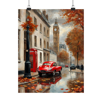 Autumn Cityscape Matte Vertical Posters featuring a red car by a rainy London street with falling leaves