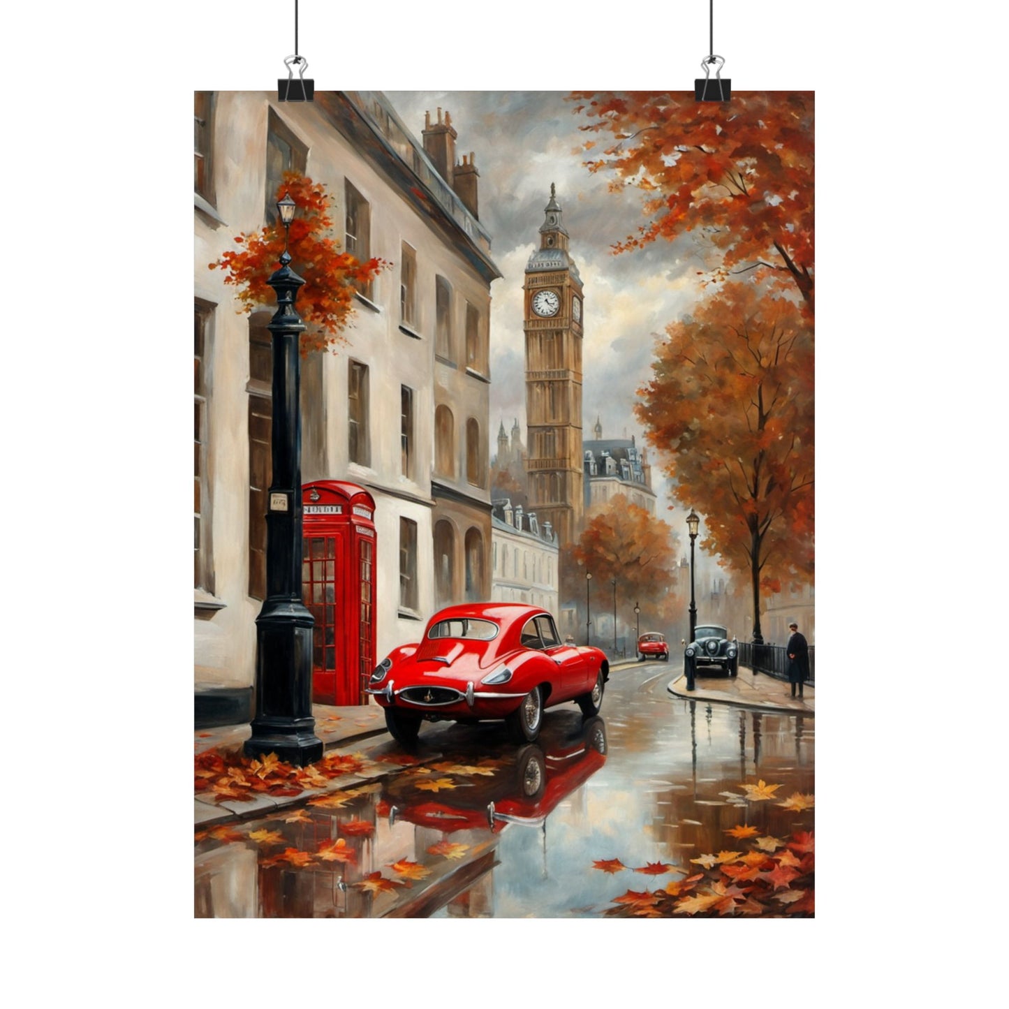 Autumn Cityscape Matte Vertical Posters featuring a red car and iconic London scenery with fall foliage