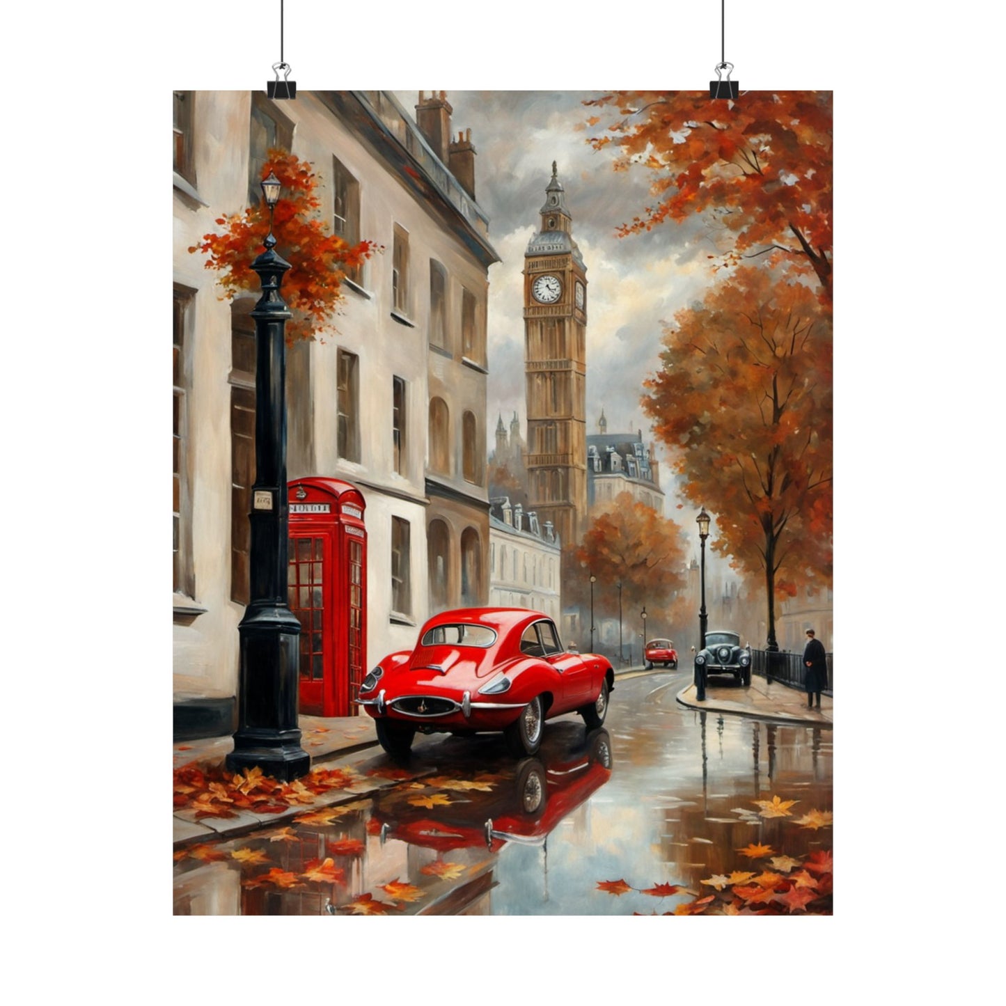 Autumn Cityscape Matte Vertical Posters featuring a red car and Big Ben in a picturesque fall setting
