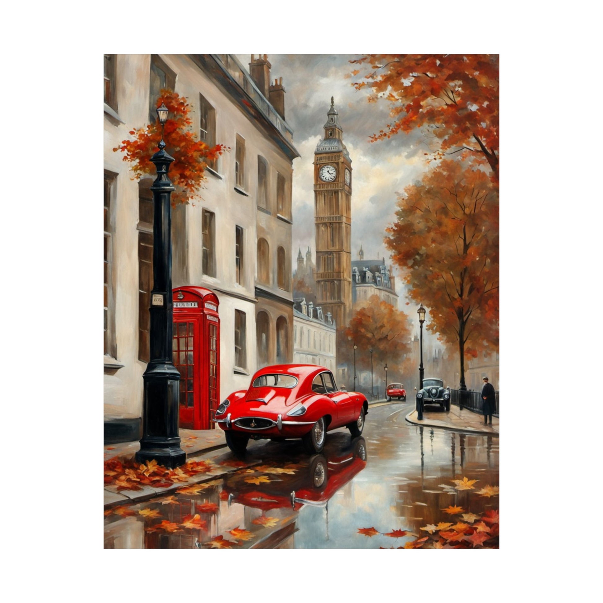 Autumn Cityscape Matte Vertical Posters featuring a red vintage car and fallen leaves in a city setting