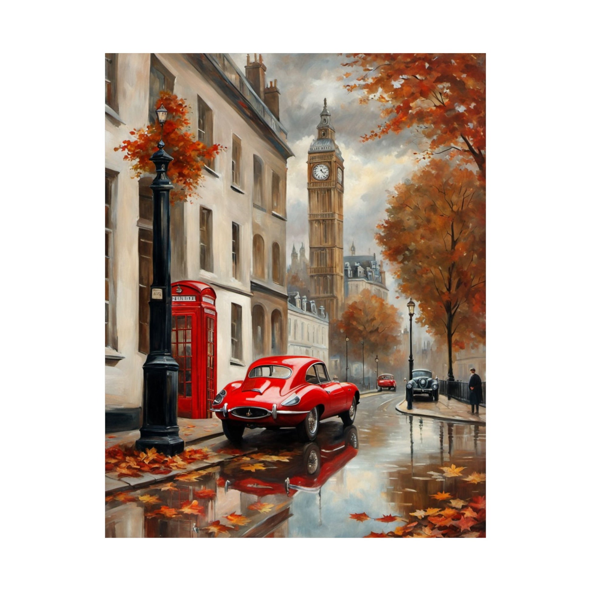 Autumn Cityscape Matte Vertical Posters featuring a red car near Big Ben and autumn leaves on a rainy street