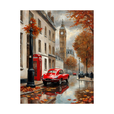 Autumn Cityscape Matte Vertical Posters featuring a red car near Big Ben and autumn leaves on a rainy street