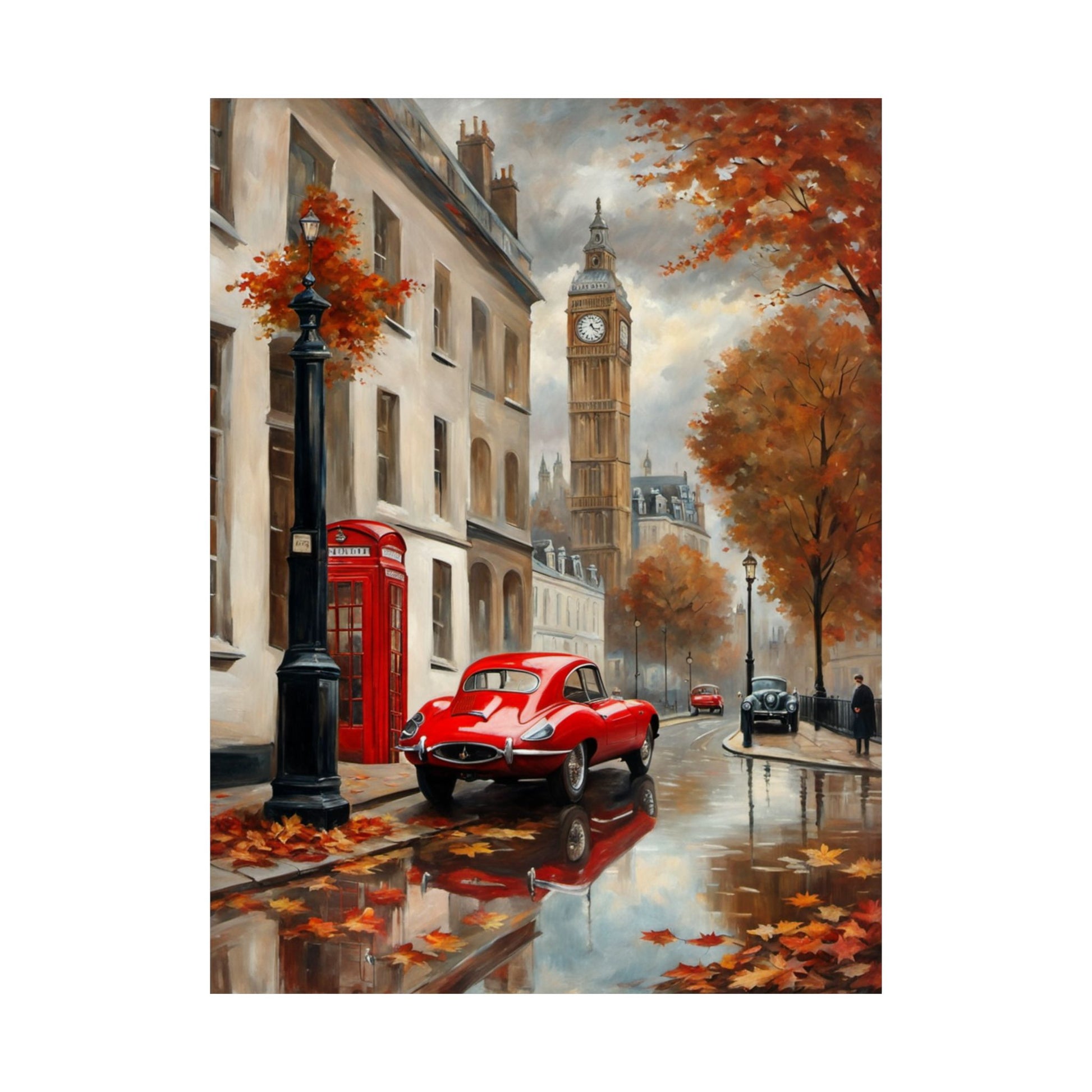 Autumn Cityscape Matte Vertical Posters featuring a red car with Big Ben and autumn leaves in the background