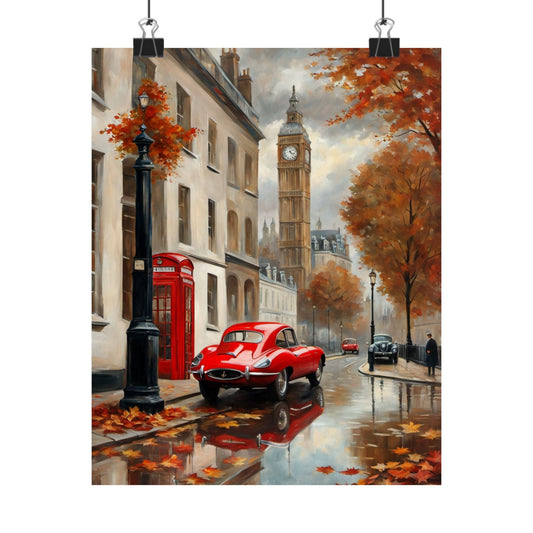 Autumn Cityscape Matte Vertical Posters featuring a red car and Big Ben amid fall foliage
