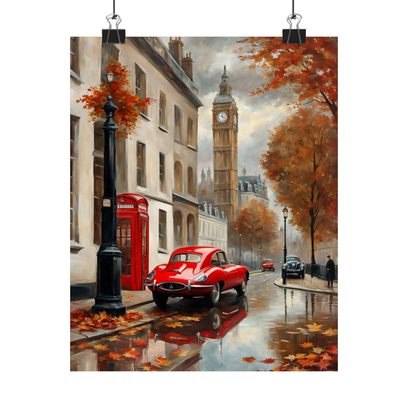 Autumn Cityscape Matte Vertical Posters featuring a red car and Big Ben amid fall foliage