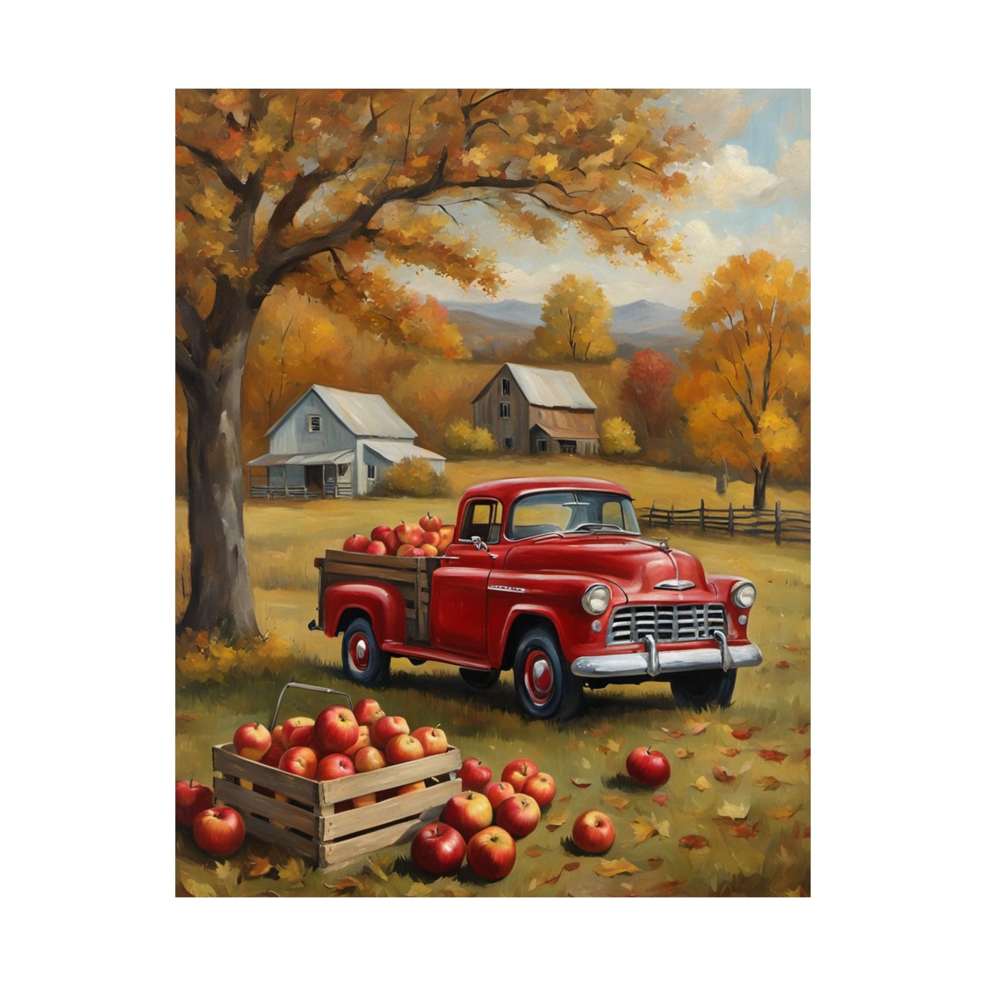 Autumn Farmhouse Matte Posters featuring a vintage red truck loaded with apples in a scenic farmland setting