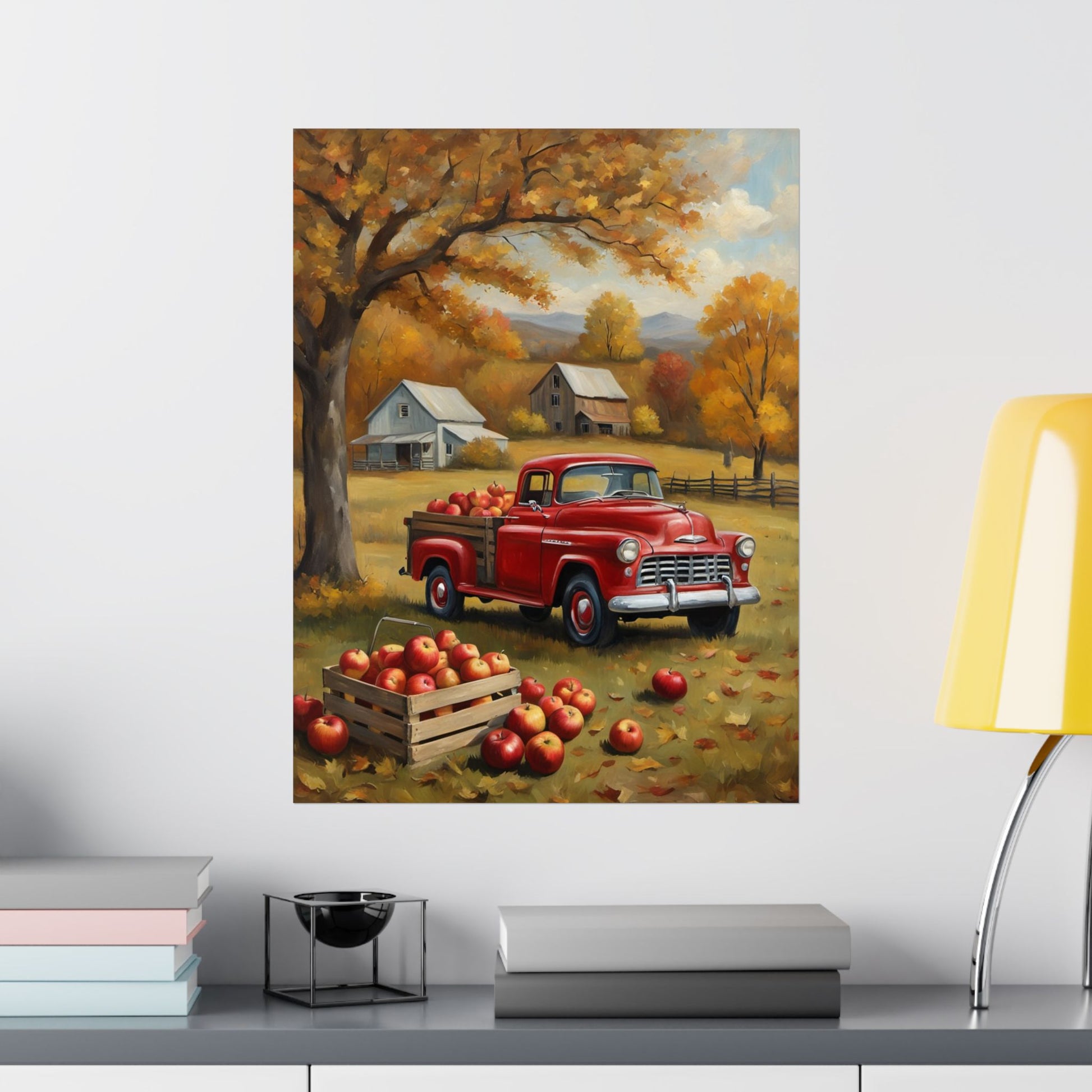 Autumn Farmhouse Matte Posters featuring a red vintage truck with apples in a picturesque fall landscape