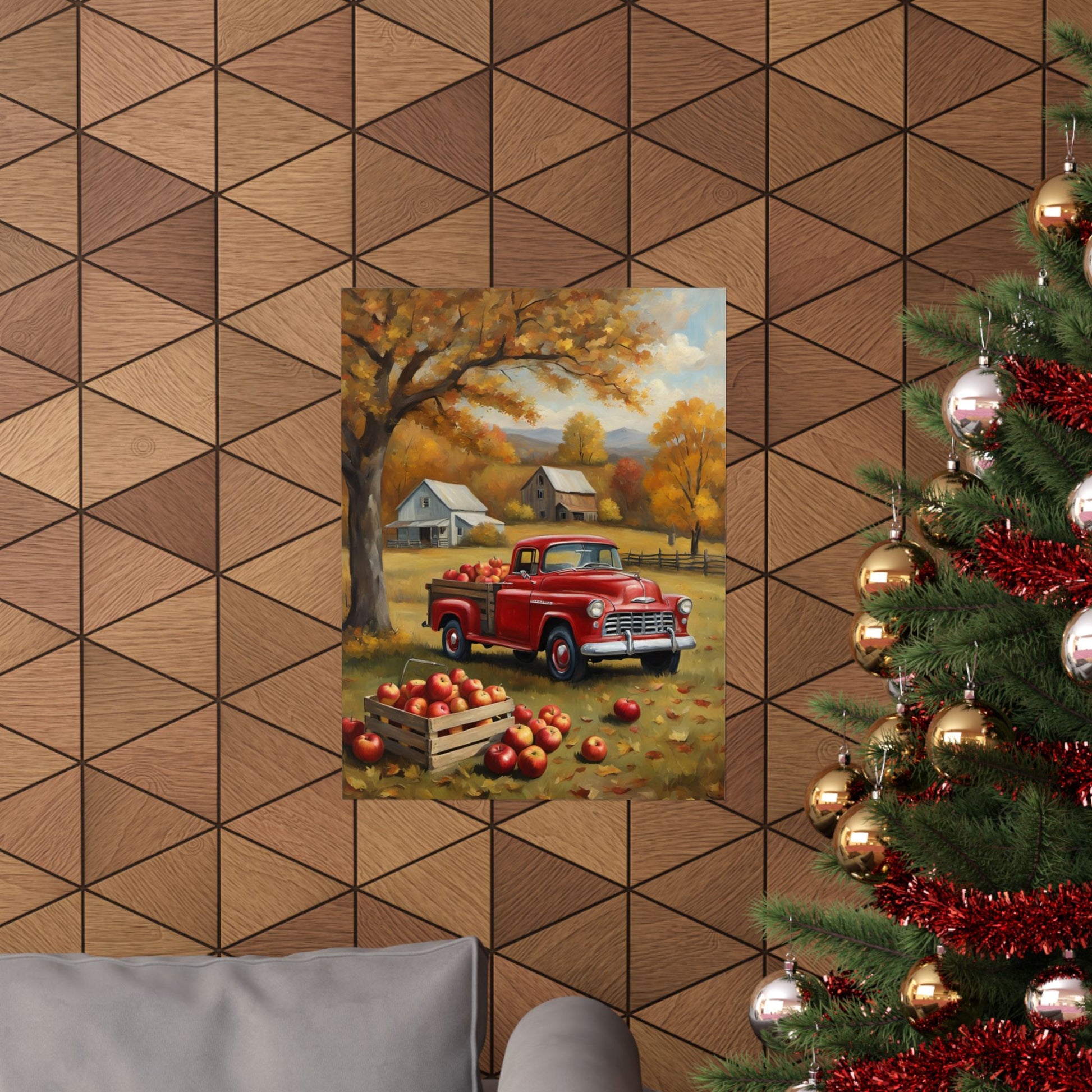 Autumn Farmhouse Matte Posters depicting a vintage red truck with apples and autumn scenery