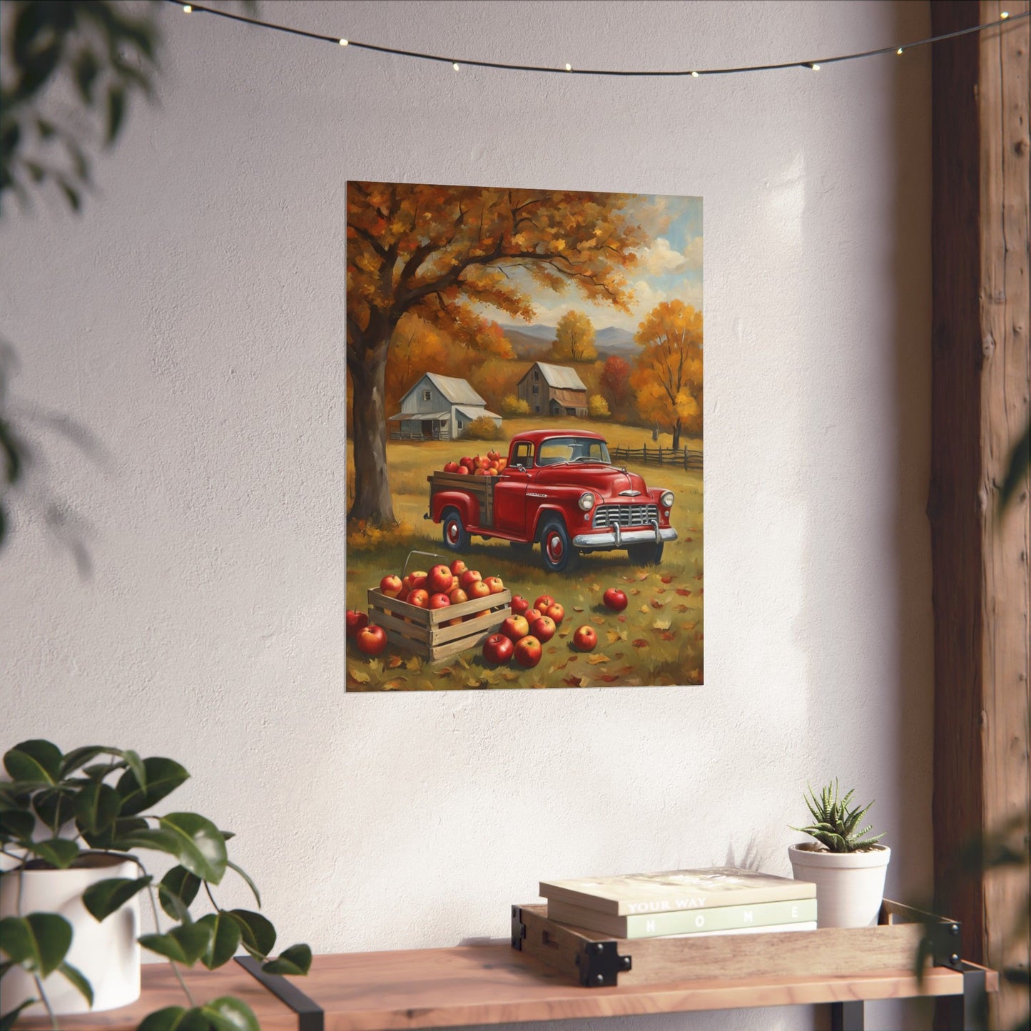 Autumn Farmhouse Matte Posters featuring a red vintage truck in an apple orchard setting