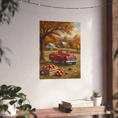 Autumn Farmhouse Matte Posters featuring a red vintage truck in an apple orchard setting