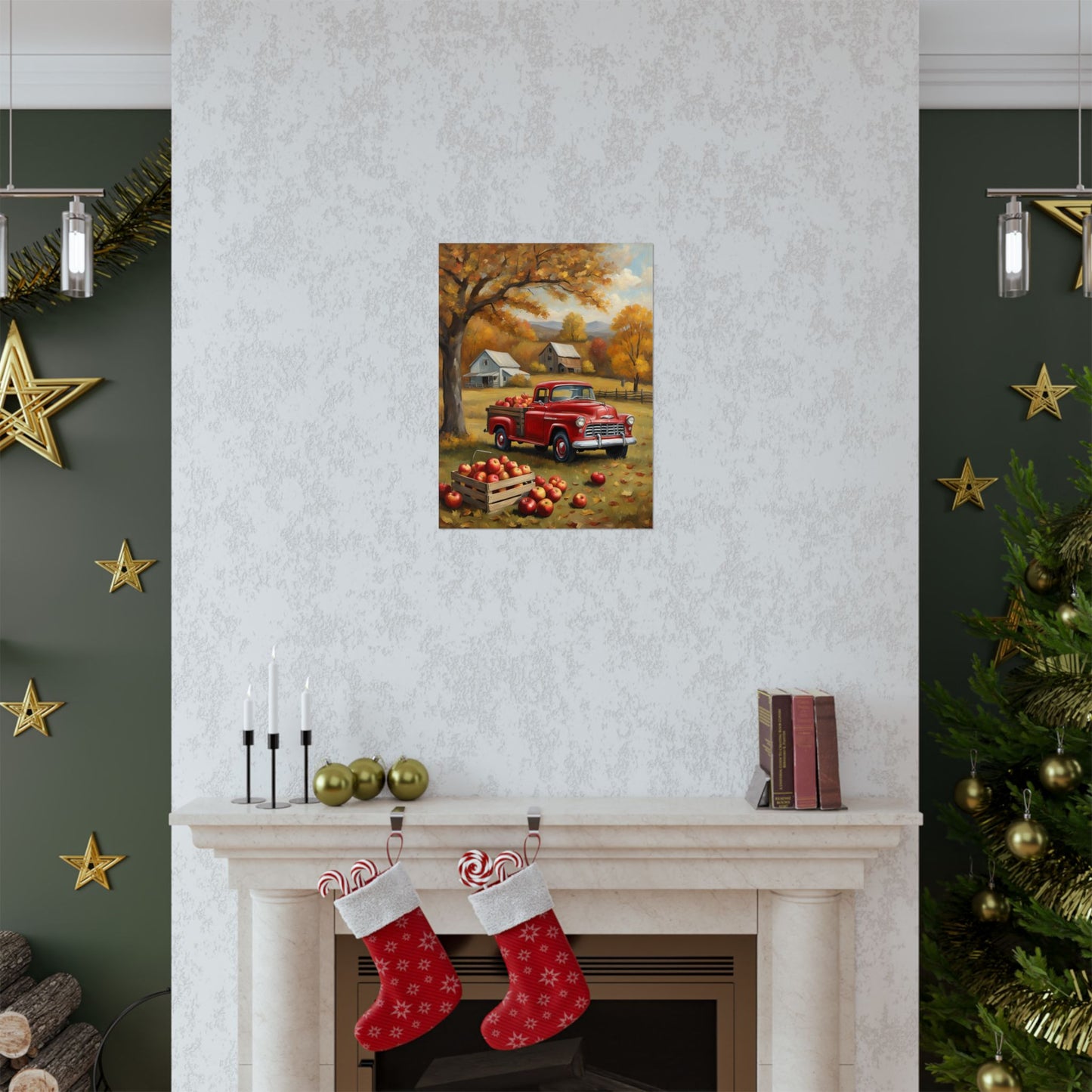 Autumn Farmhouse Matte Posters featuring a vintage red truck in a scenic fall landscape