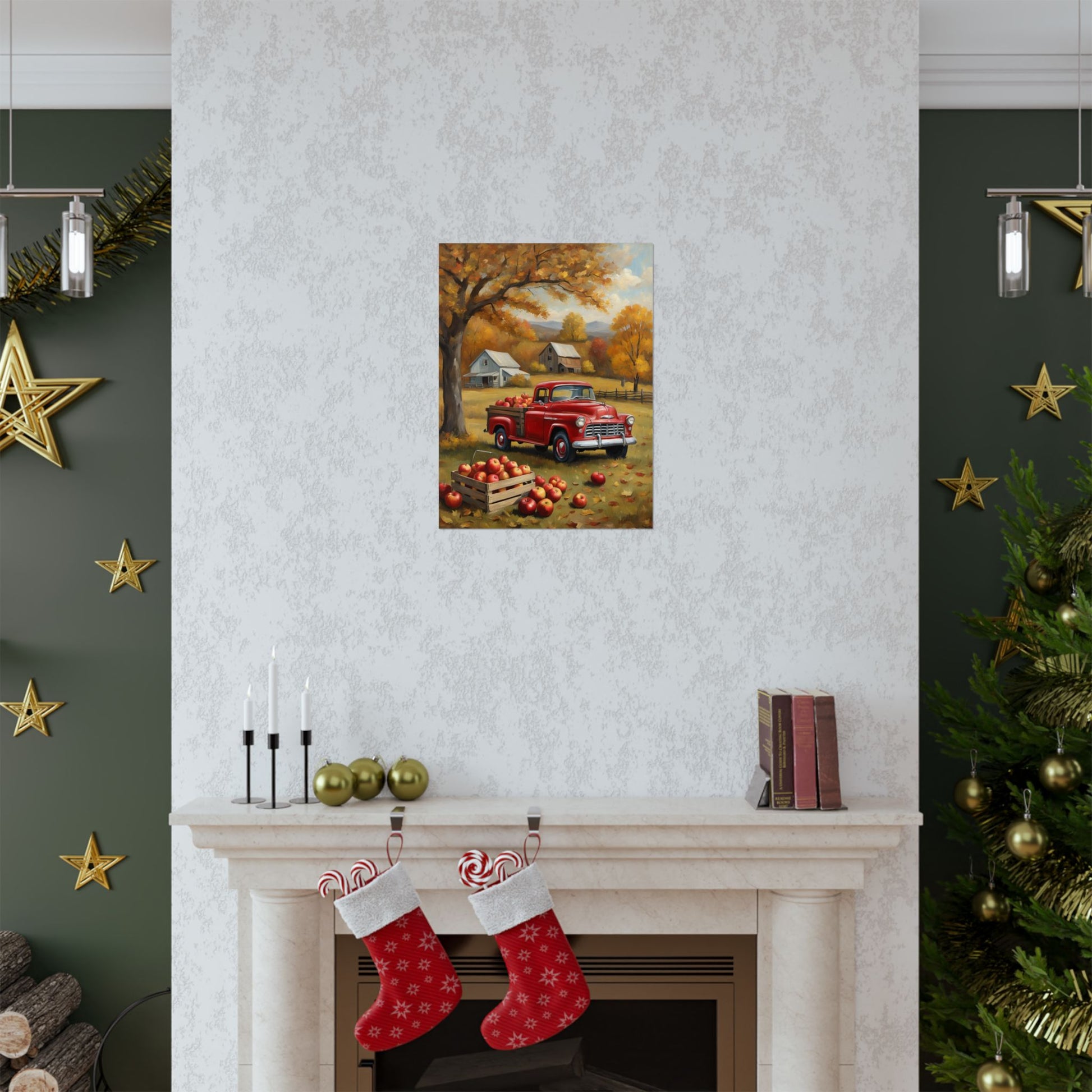 Autumn Farmhouse Matte Posters featuring a vintage red truck in a scenic fall landscape