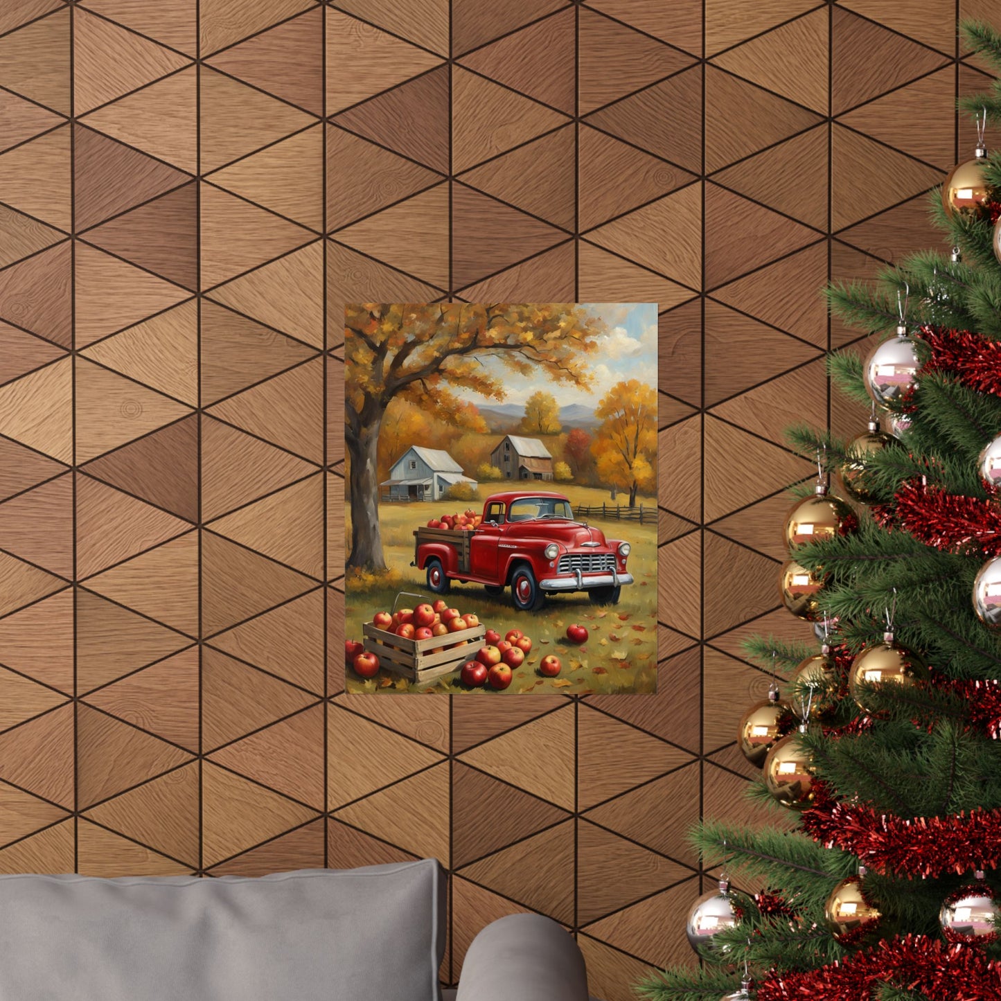 Autumn Farmhouse Matte Posters featuring a red truck in a fall scene with apples and a farmhouse