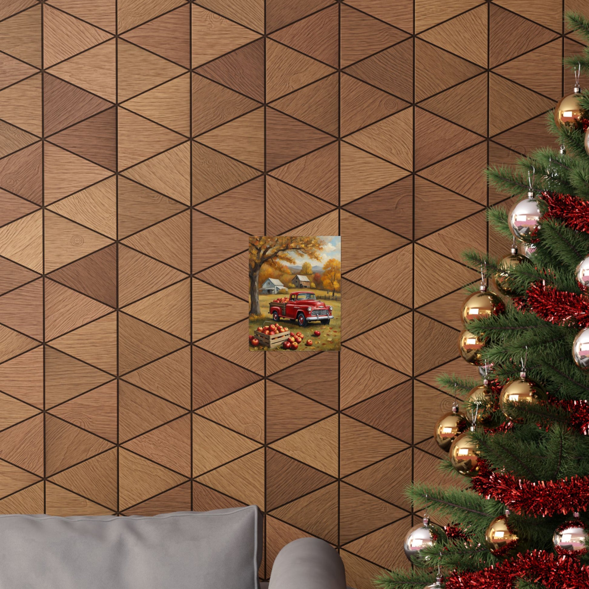 Autumn Farmhouse Matte Posters displayed on a geometric patterned wall with a Christmas tree