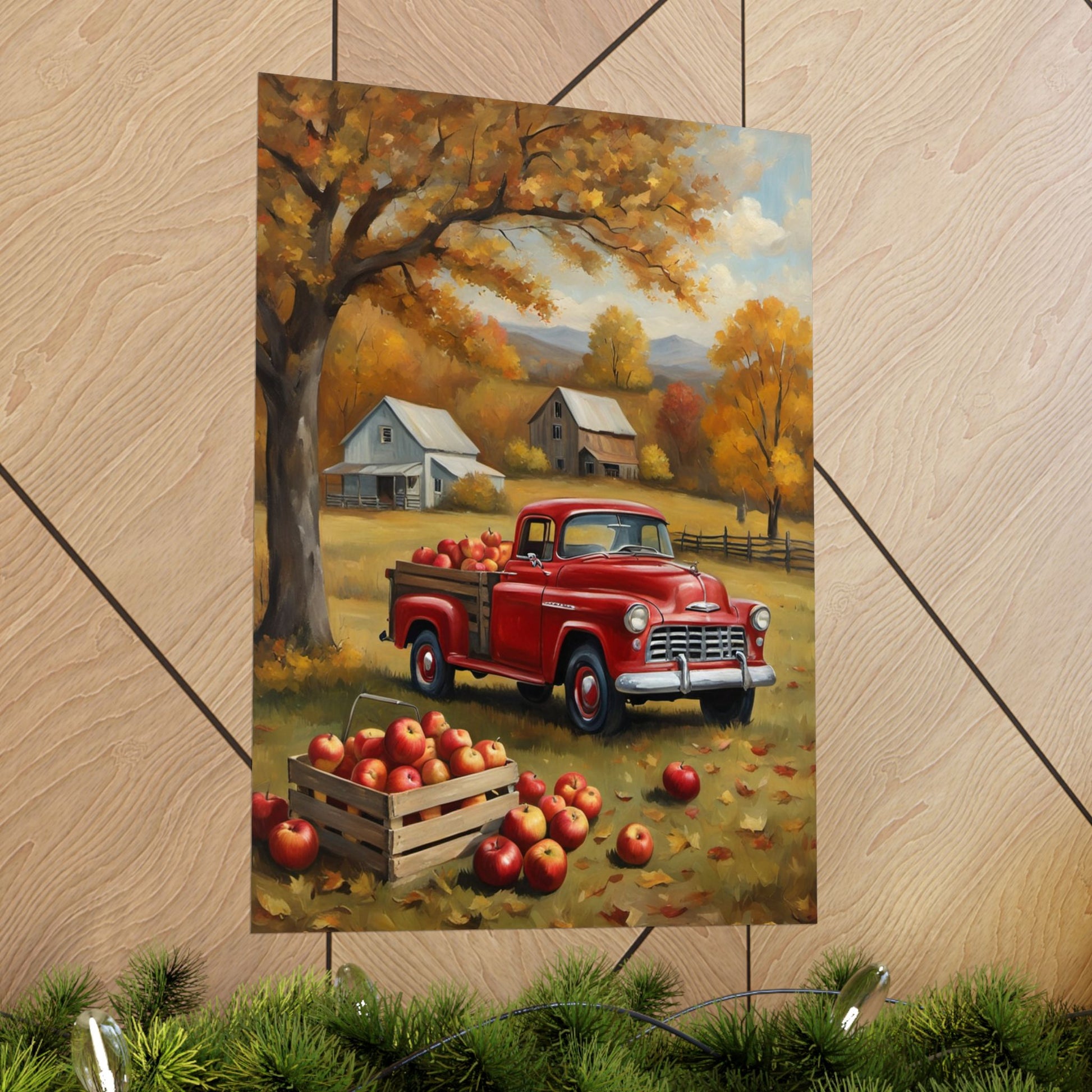Autumn Farmhouse Matte Posters featuring a vintage red truck with apples in a scenic autumn landscape