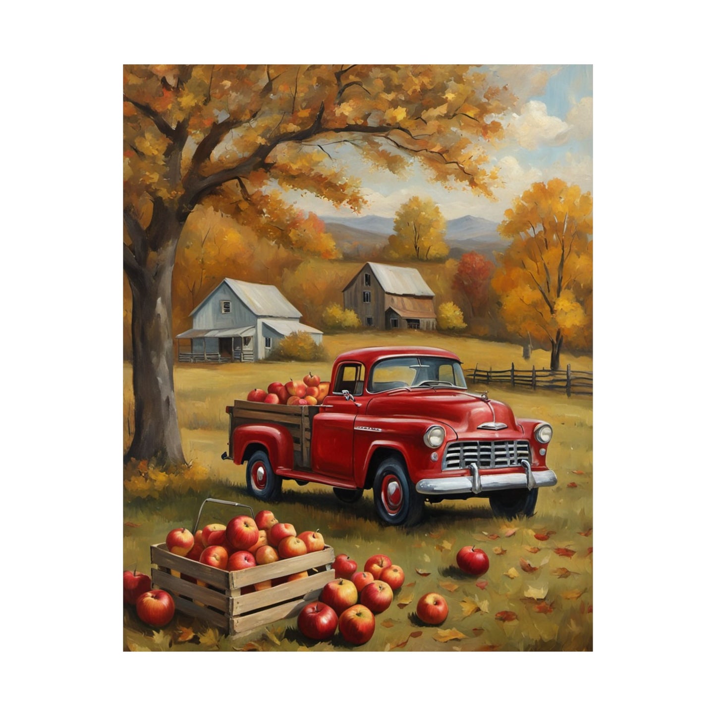 Autumn Farmhouse Matte Posters featuring a red vintage truck filled with apples in a fall landscape