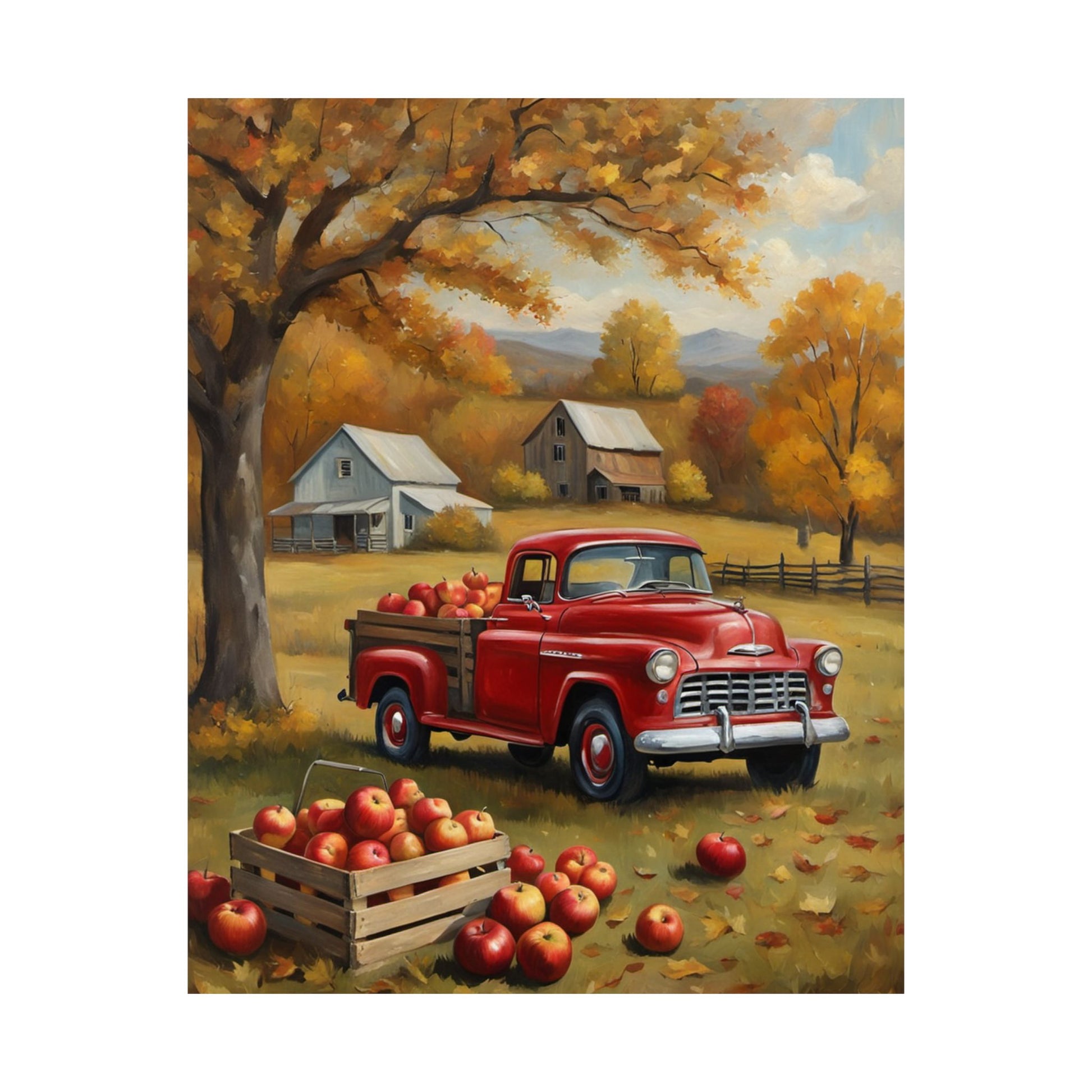 Autumn Farmhouse Matte Posters featuring a red vintage truck filled with apples in a fall landscape