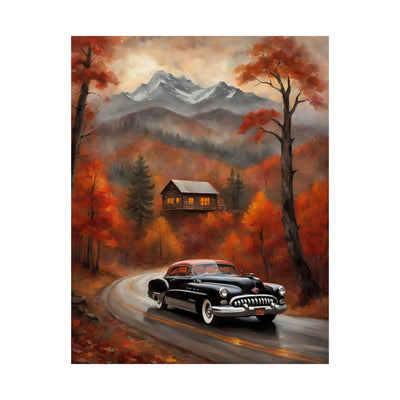 Autumn Landscape Poster featuring a classic car on a scenic road with vibrant fall foliage