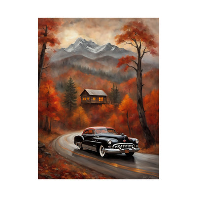 Autumn Landscape Poster featuring a vintage car on a winding road surrounded by colorful fall foliage
